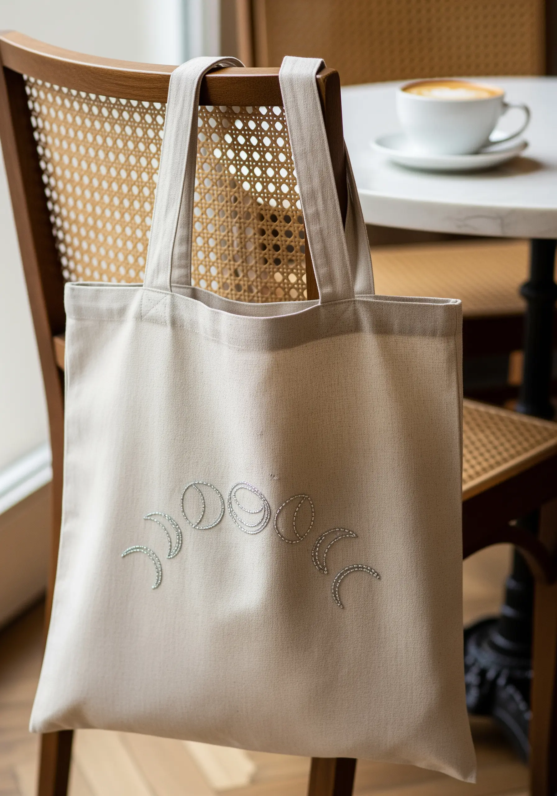 Minimalist moon phases embroidered on a beige tote with textured fill stitches.