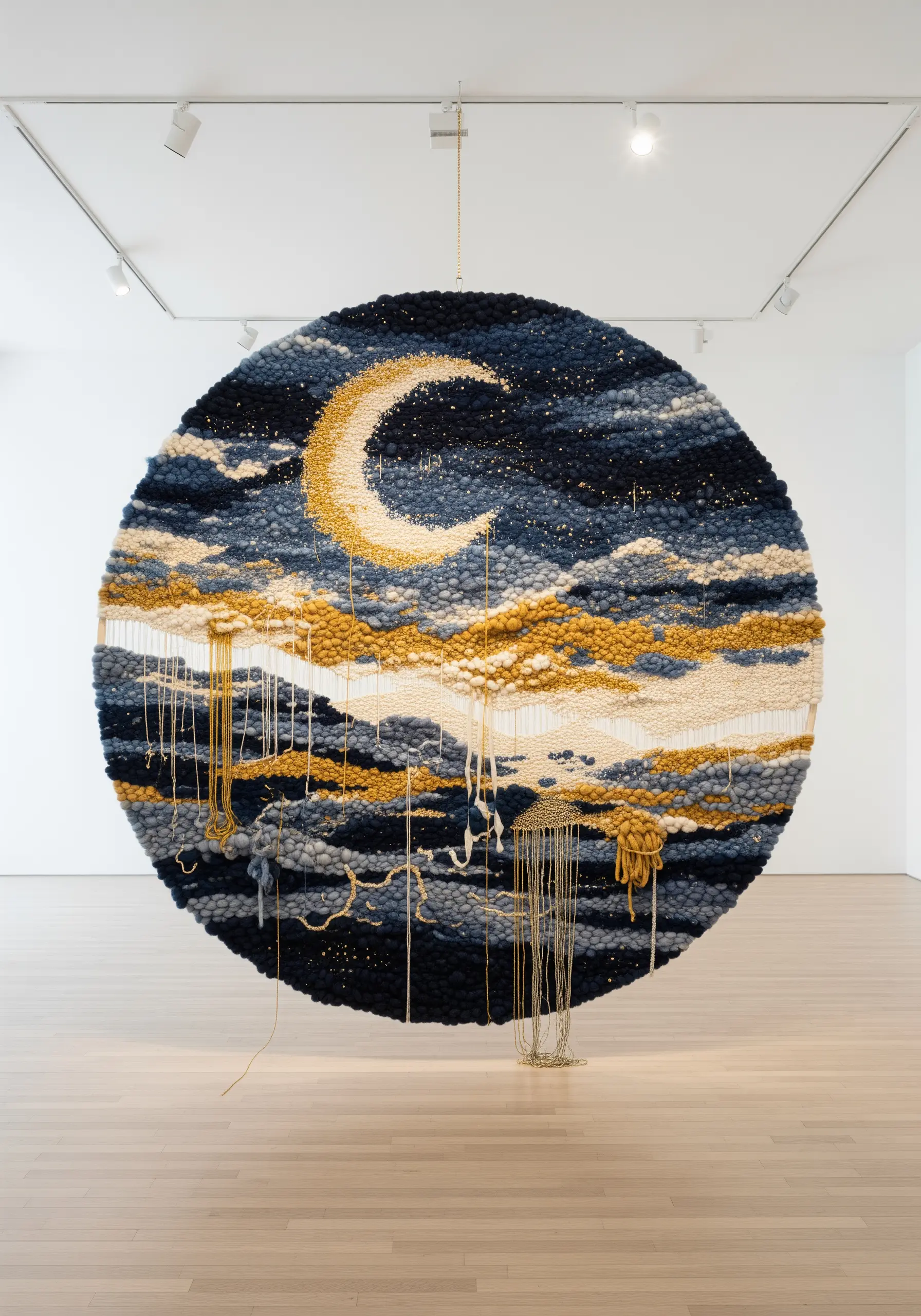 Large circular woven tapestry of a night sky with a crescent moon and dripping threads.