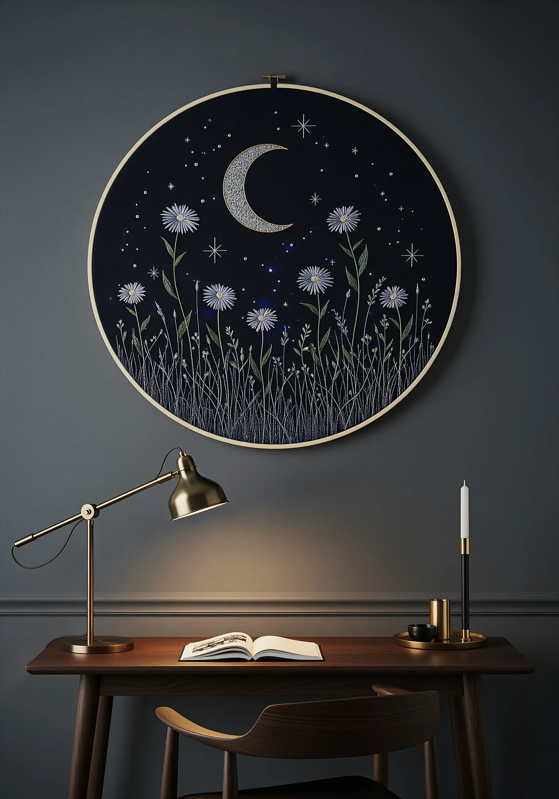 Embroidery of a wildflower meadow at night with a crescent moon and stars on dark fabric.