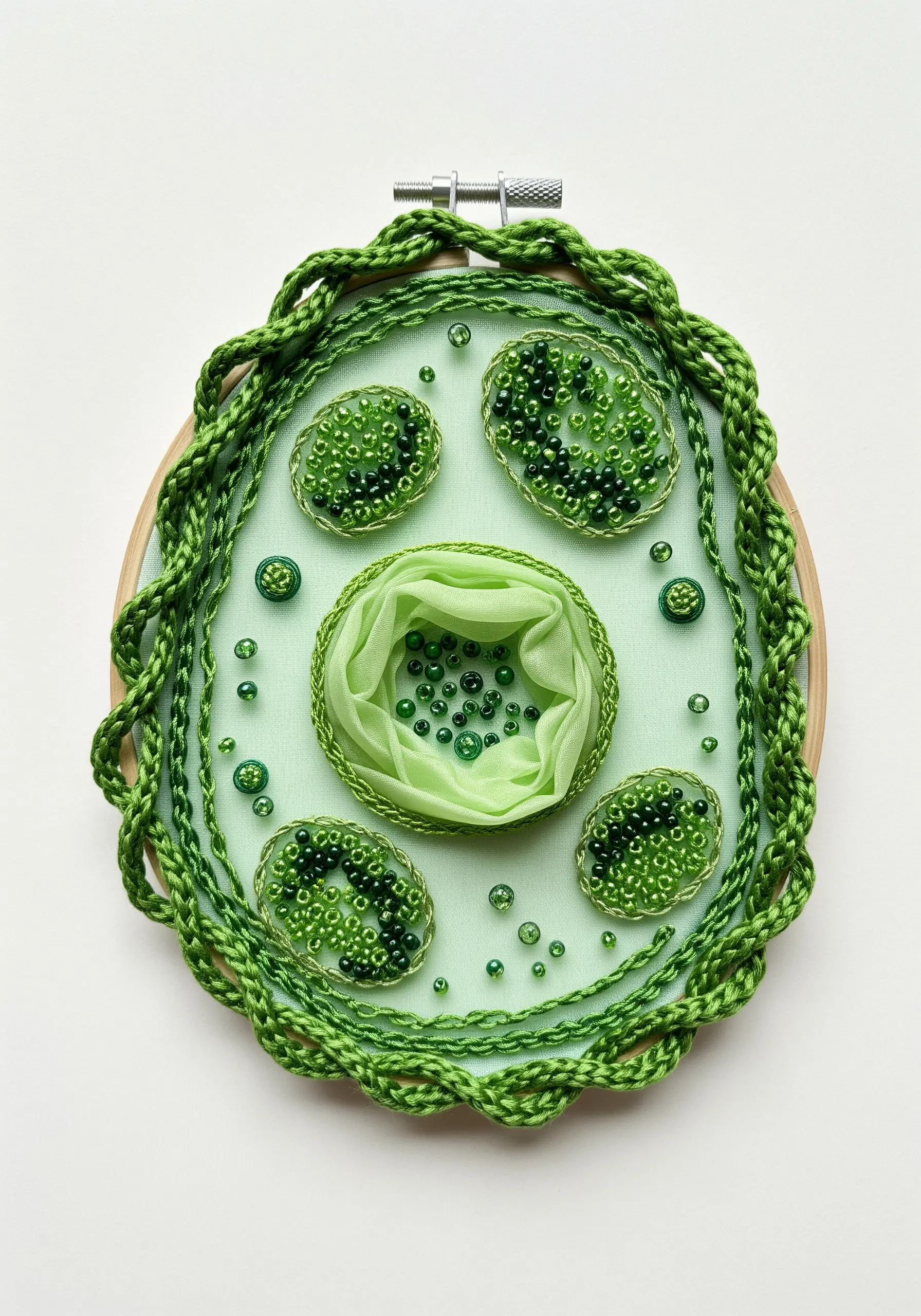Abstract embroidery of a plant cell using green beads, braided thread, and folded chiffon.