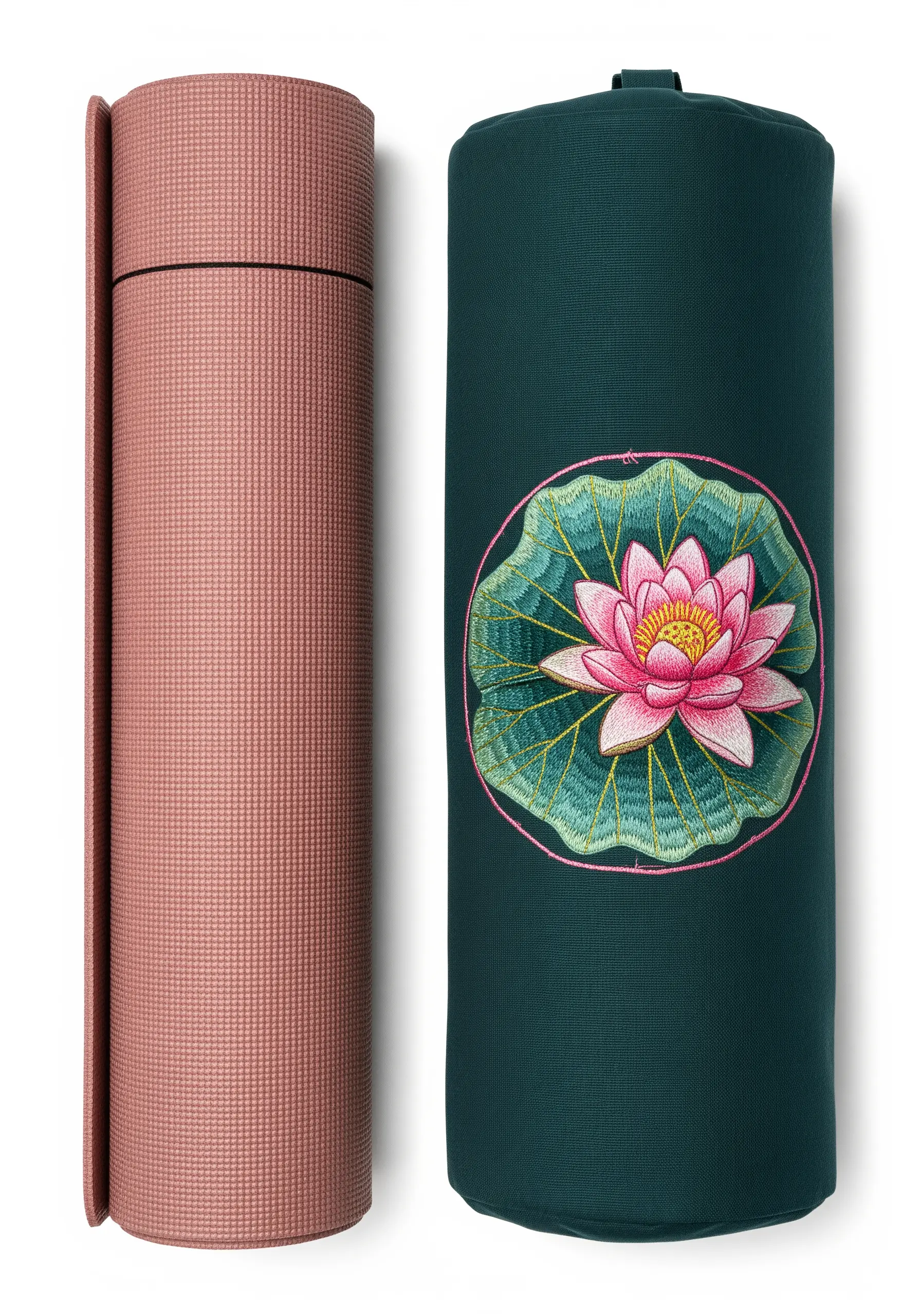 A pink water lily and green lily pad embroidered in a circular medallion on a yoga mat bag.