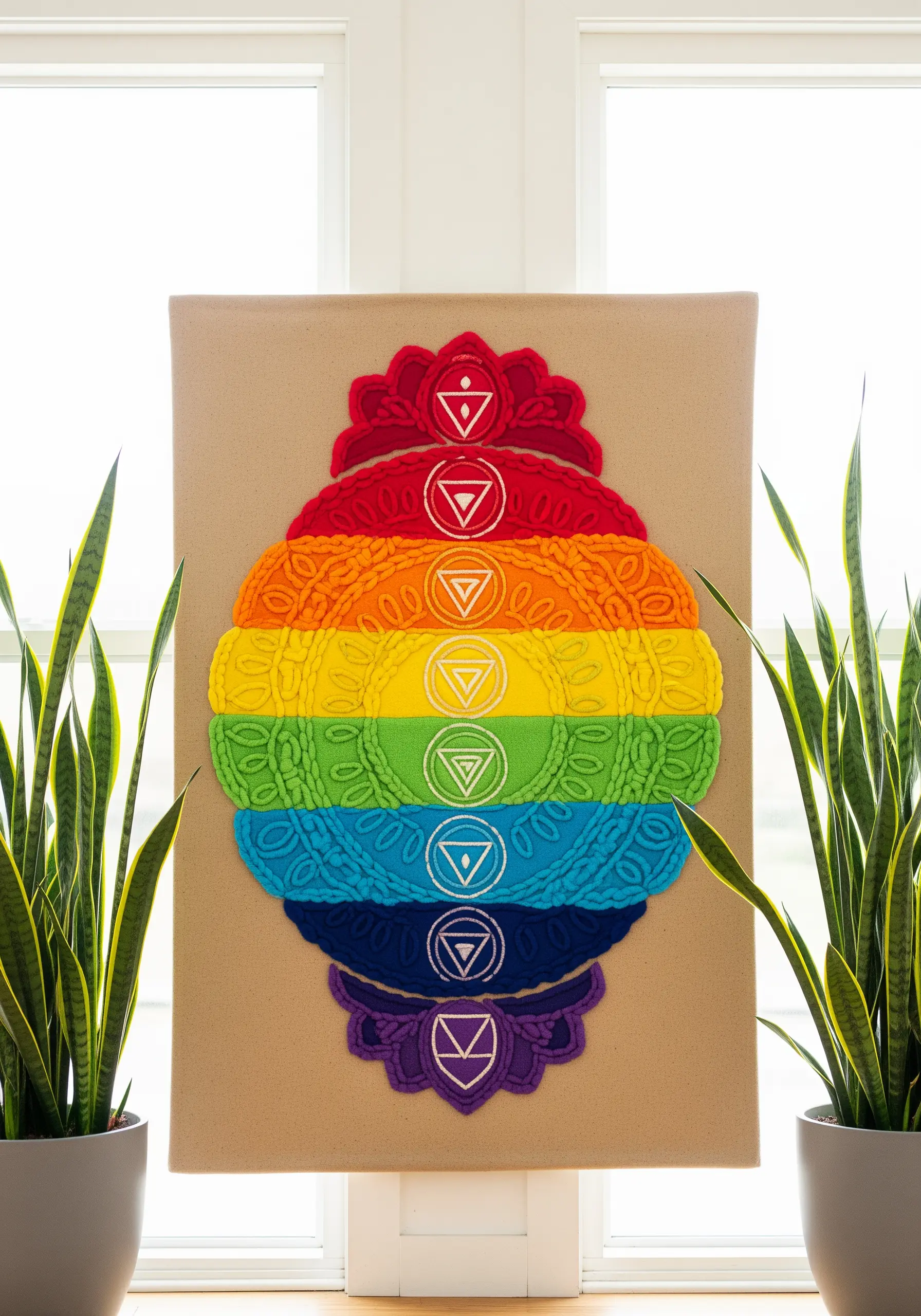 A vibrant, textured chakra stack made from layered felt appliqué and embroidery on a canvas.