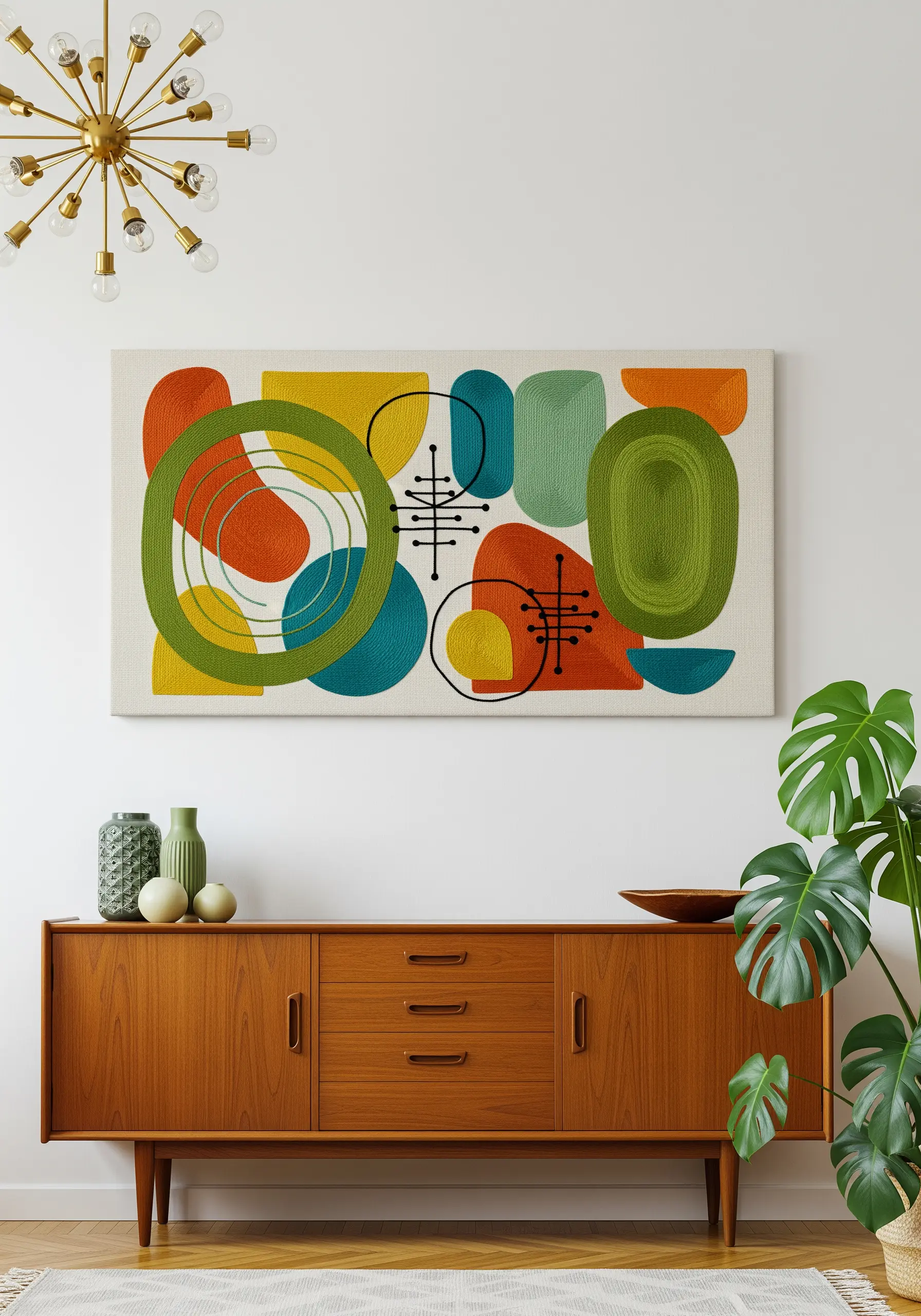 A mid-century modern abstract embroidery with organic shapes in retro colors on a large canvas.