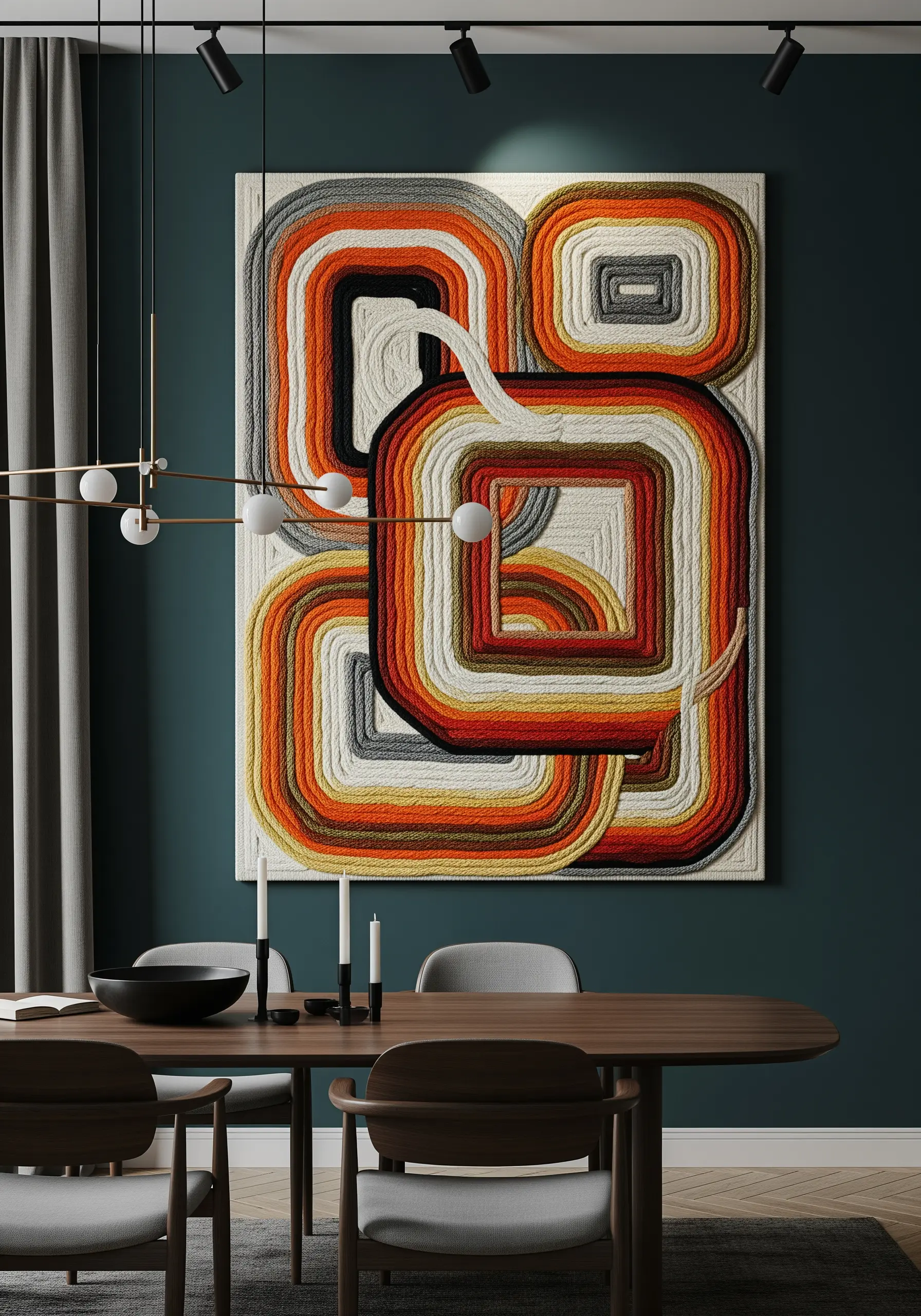 A large punch needle tapestry with interlocking retro shapes in orange, brown, and white.