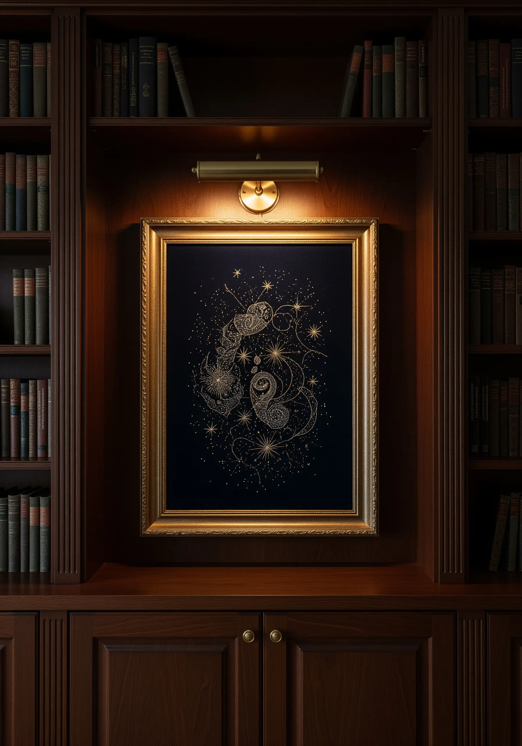 Intricate gold thread embroidery of stars and celestial patterns on a black background.