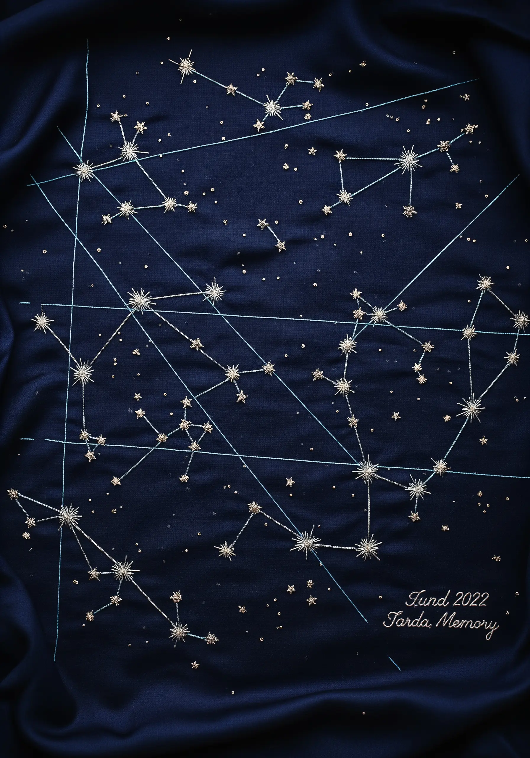 Embroidered constellation map on navy blue fabric with gold metallic thread and tiny star details.