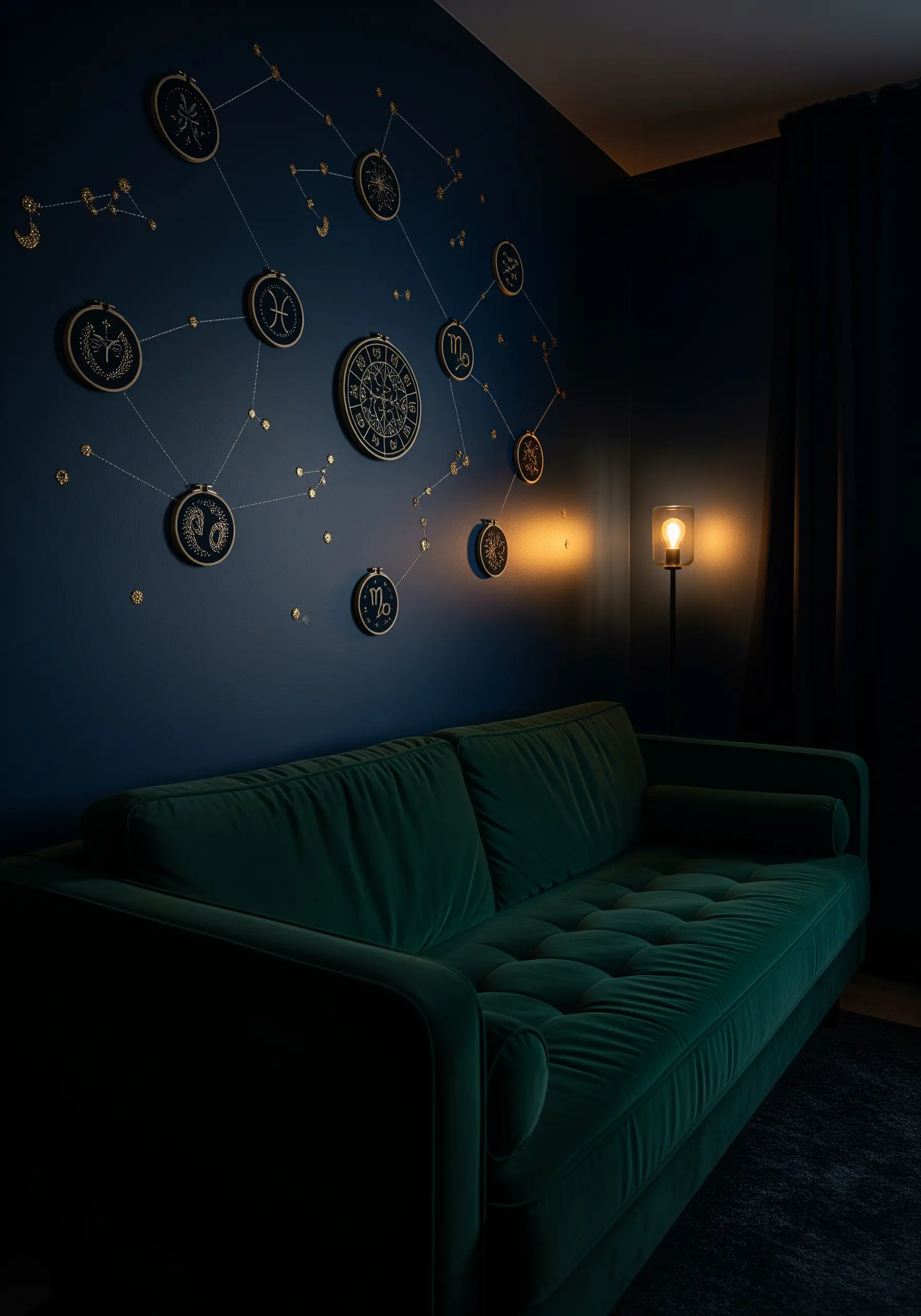 A wall display of zodiac constellations stitched in gold on dark fabric, connected by threads.