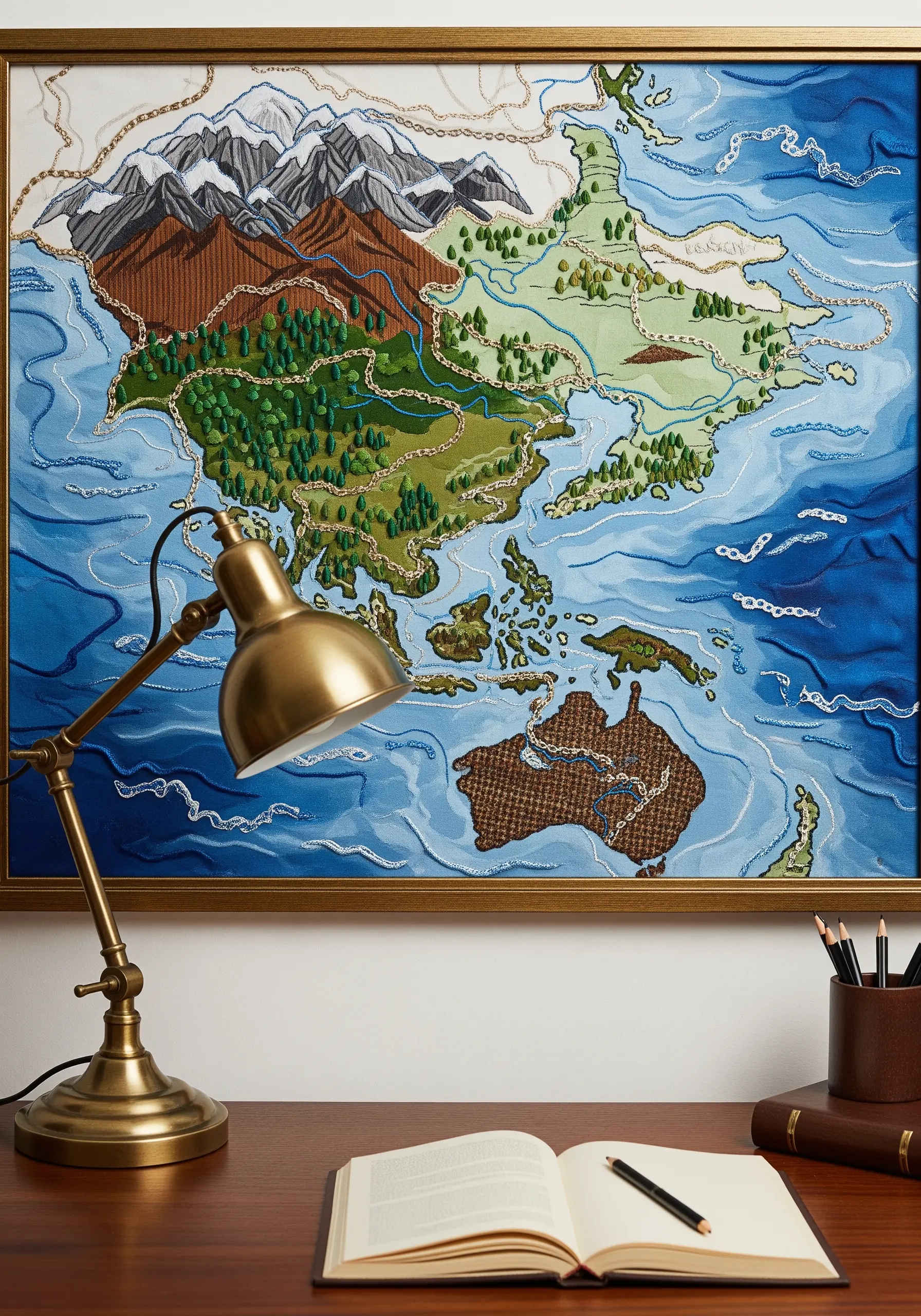 A framed fabric collage map with embroidered topographical details and metallic thread paths.