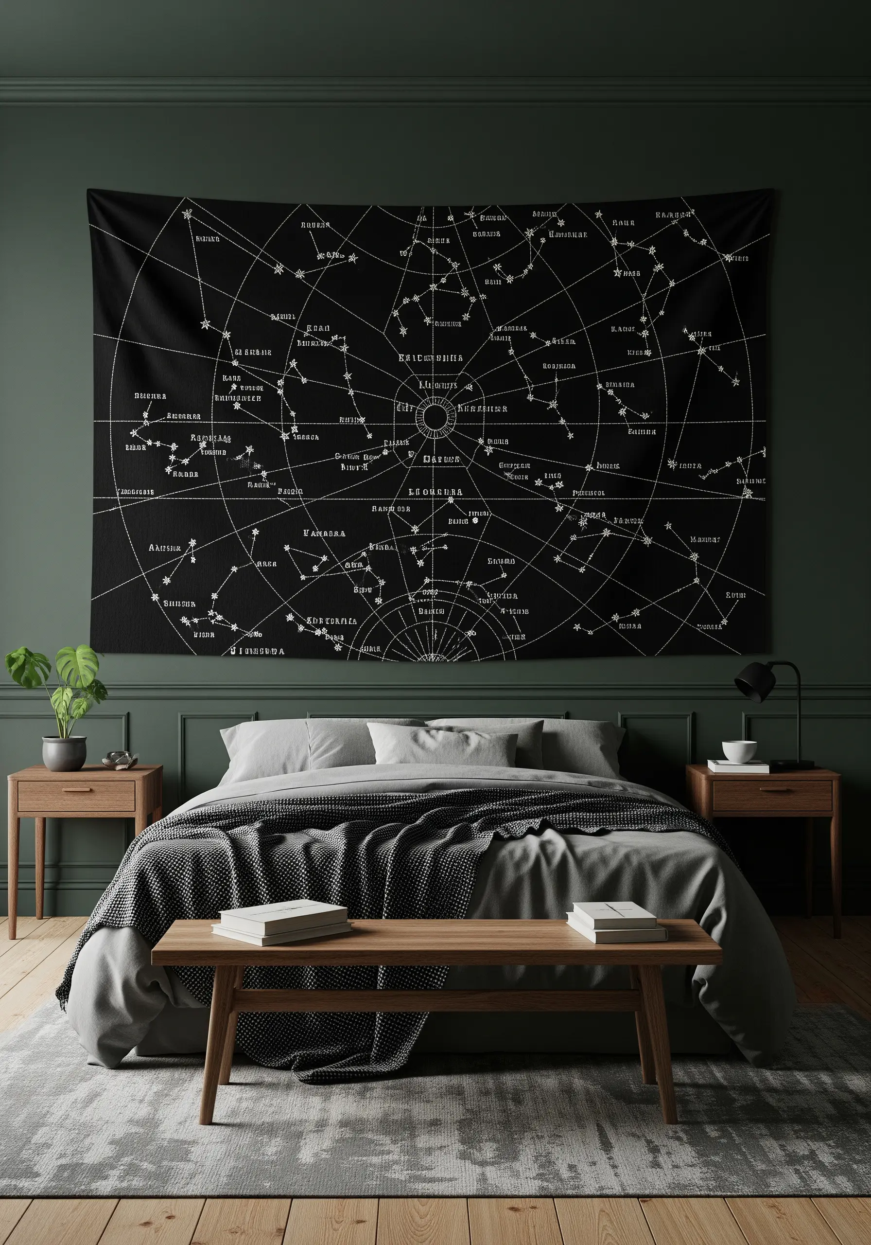 A large black tapestry depicting a vintage constellation map embroidered in white thread.
