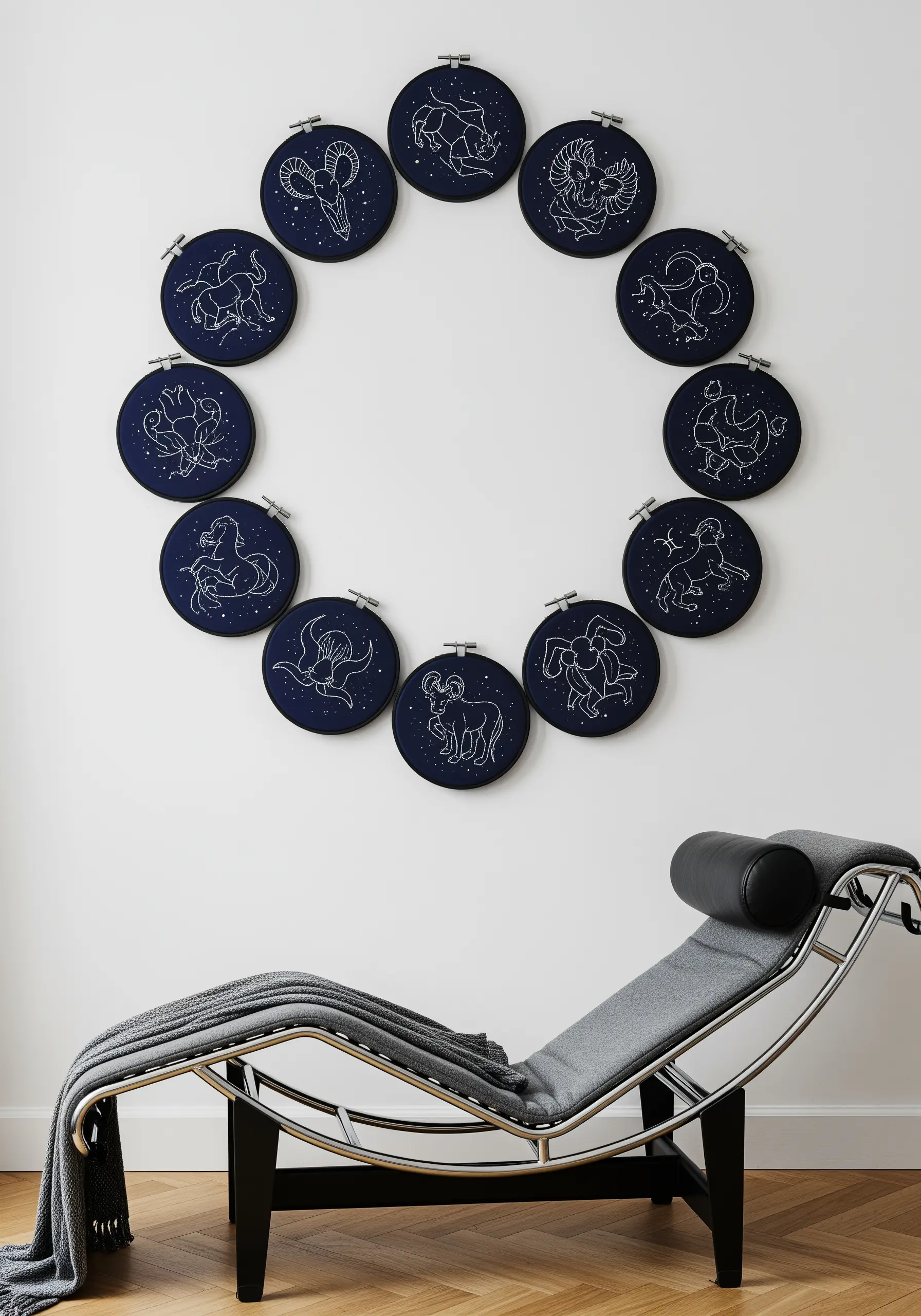 Twelve embroidery hoops arranged in a circle, each showing a different zodiac constellation.