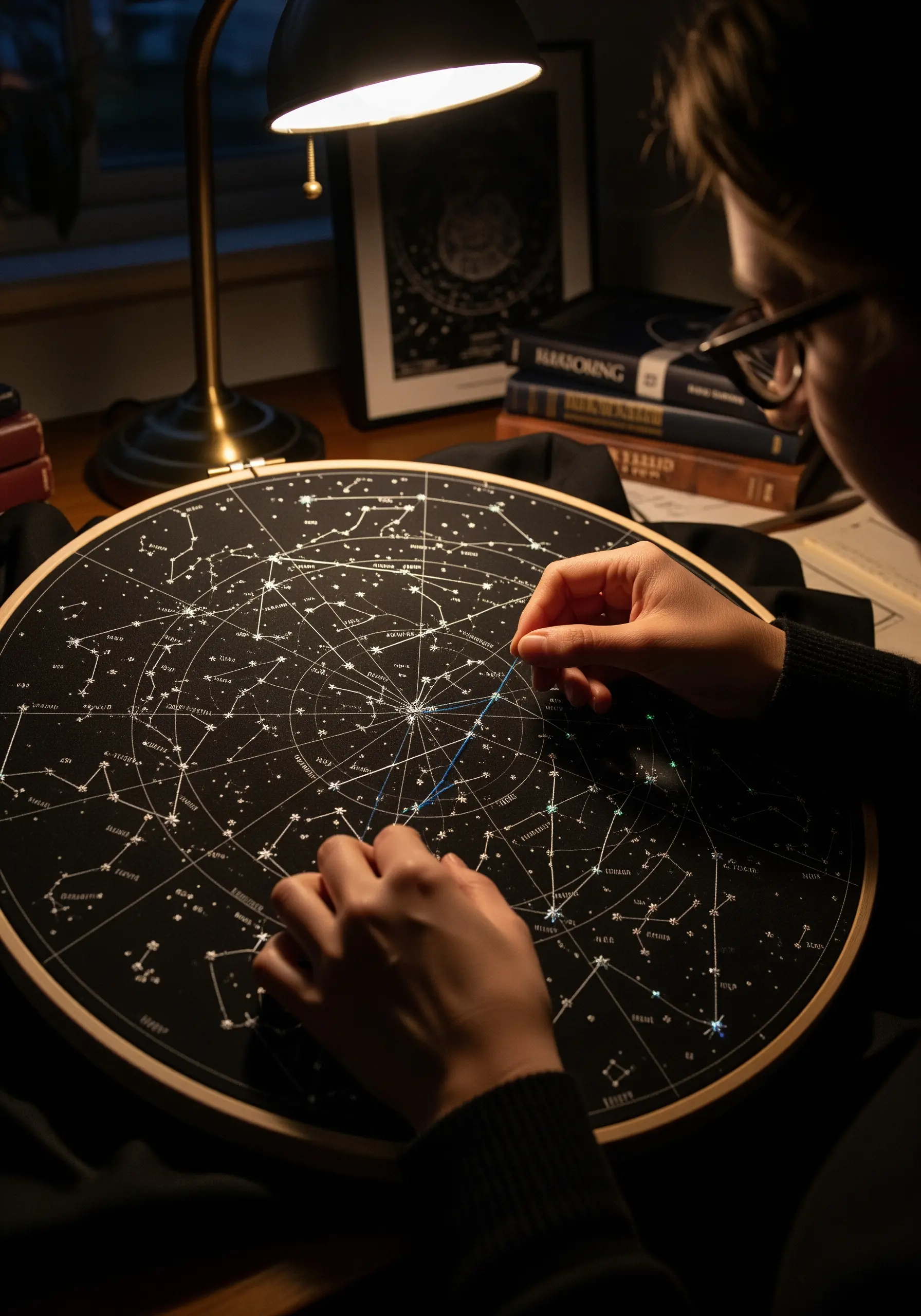 A person stitching a detailed star map on black fabric with fine white thread.