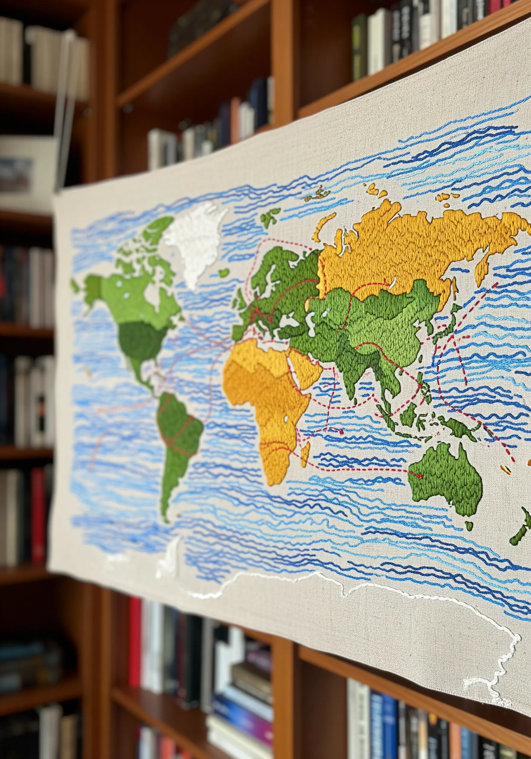 A hand-embroidered world map on linen, with continents filled in and red lines showing travel routes.
