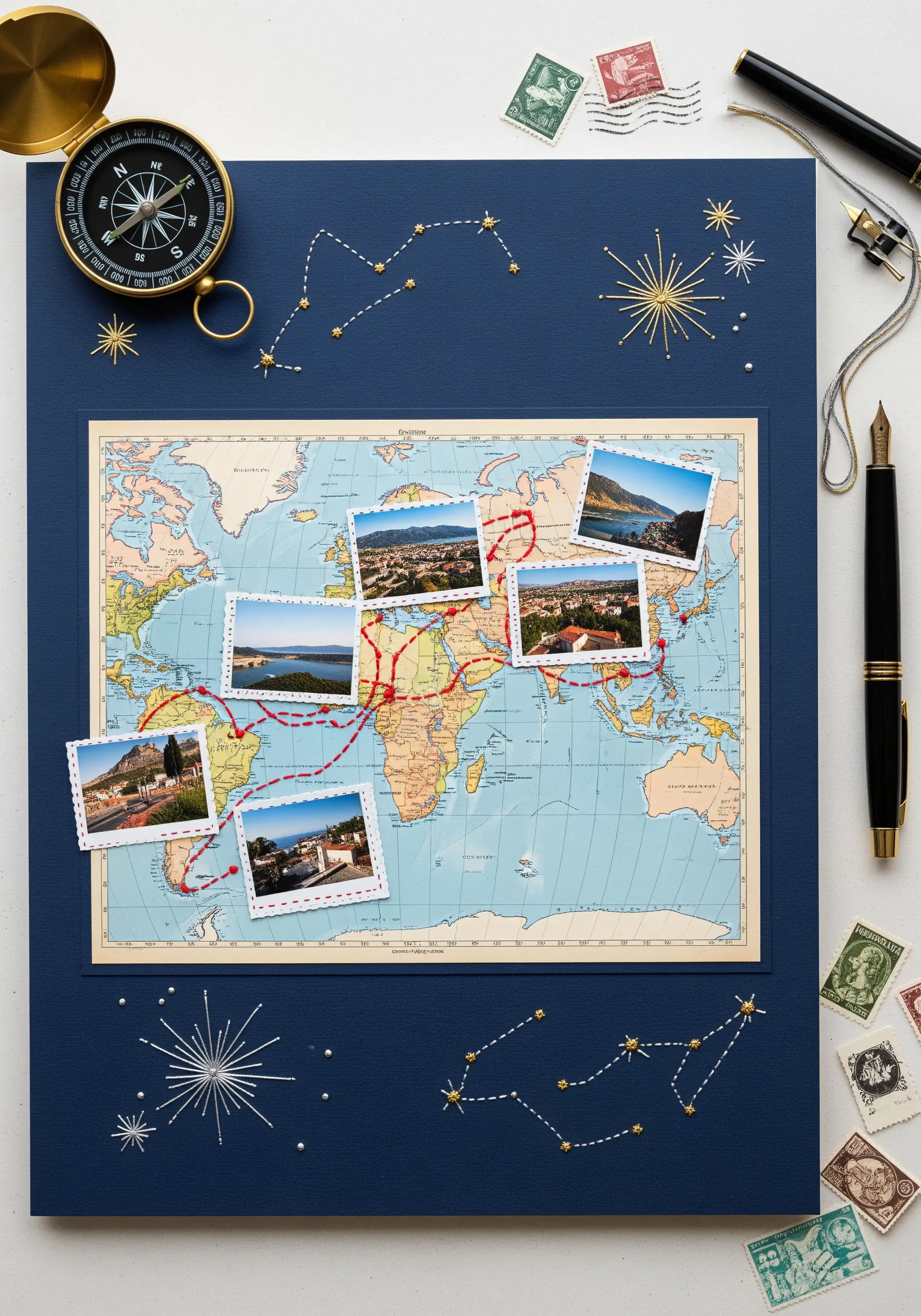 World map with a travel route marked in red thread and embroidered star constellations.