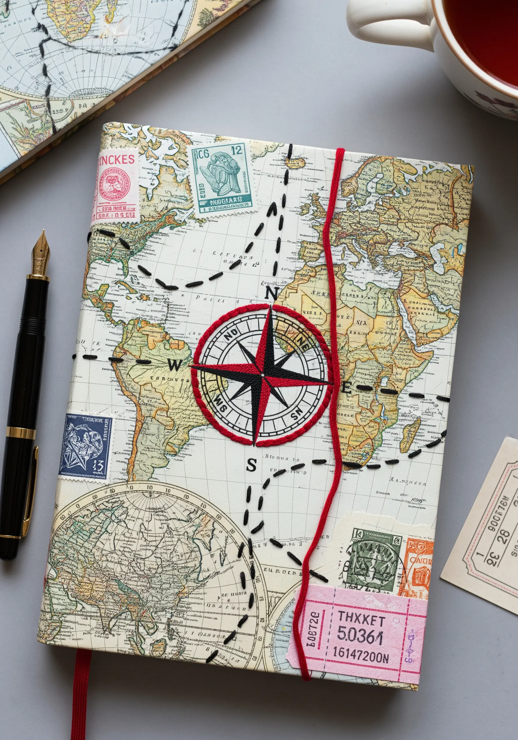 Journal covered in map collage with a large embroidered compass rose in the center.