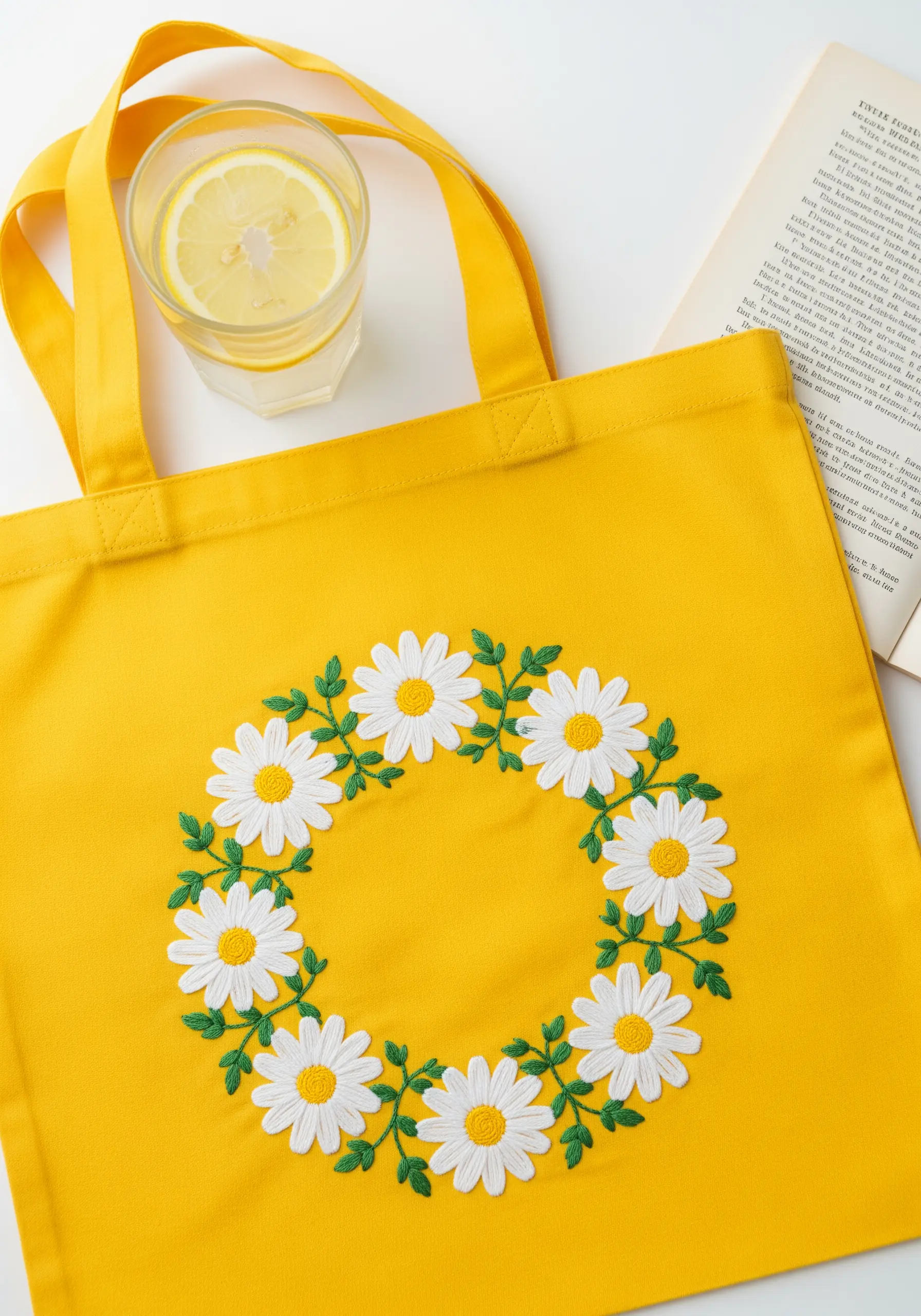 A wreath of embroidered white daisies with green leaves on a bright yellow canvas tote bag.