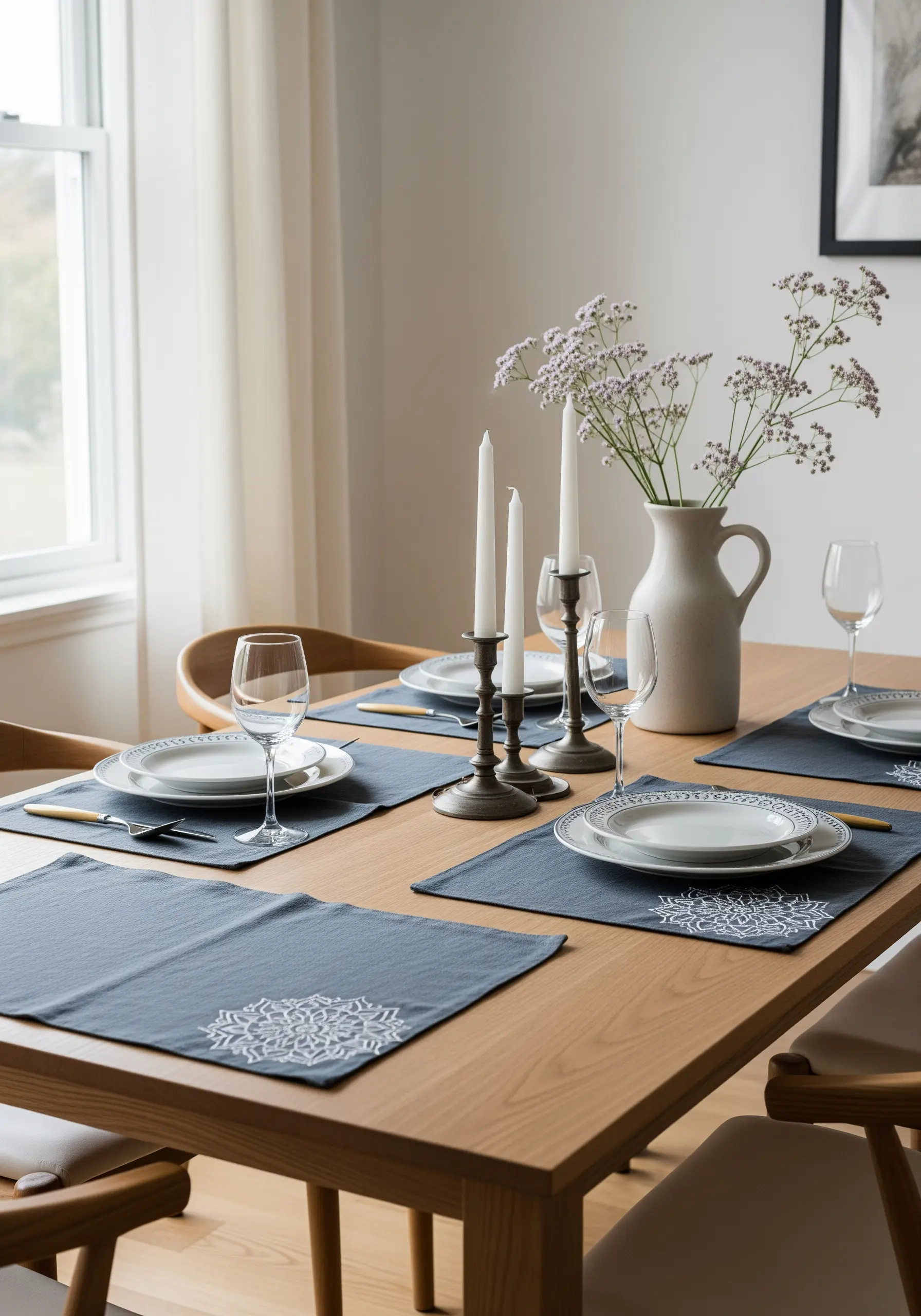A set of dark grey placemats, each with a simple white line-art mandala in the corner.