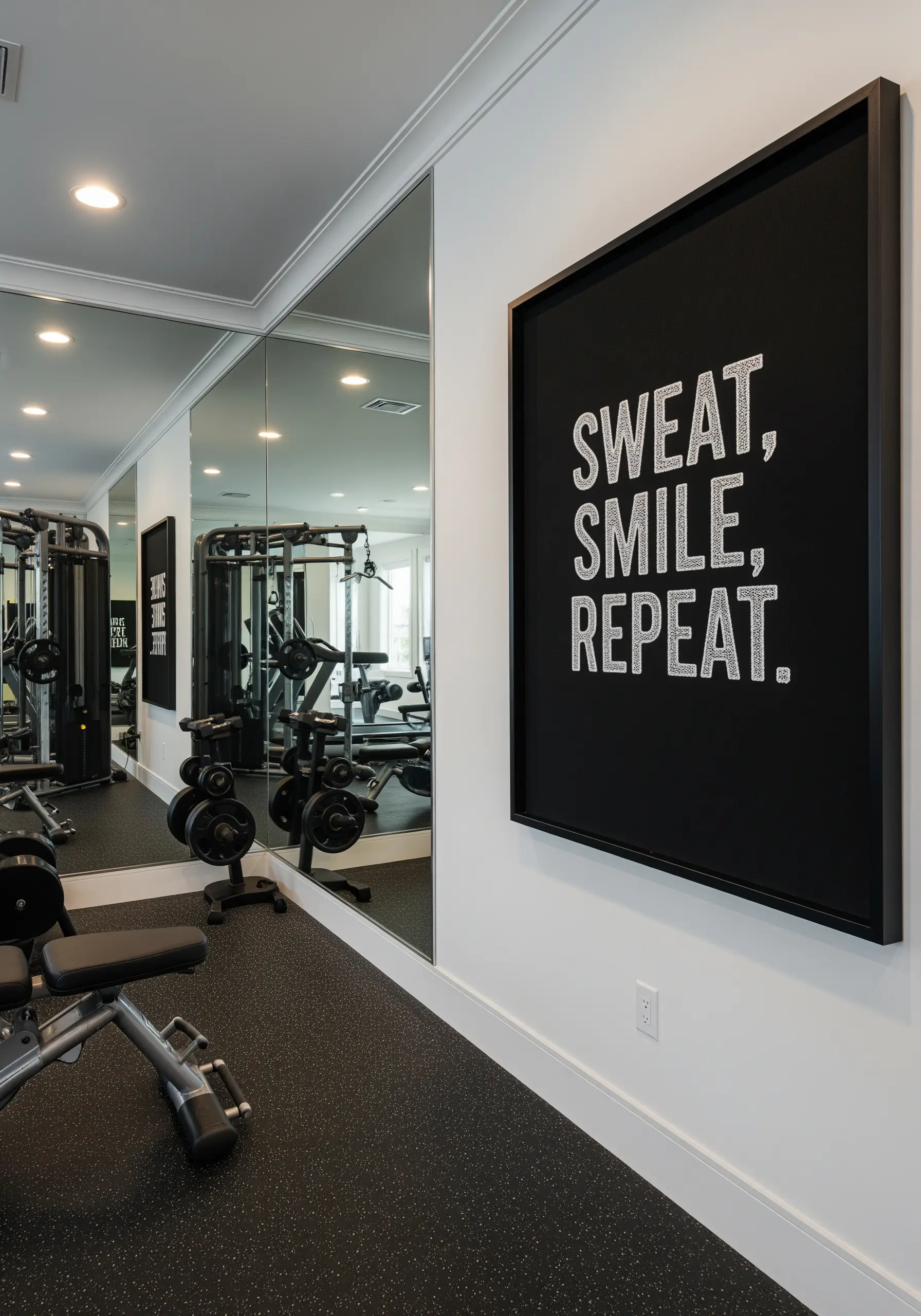A bold, motivational quote with a textured stitch on black fabric in a gym.