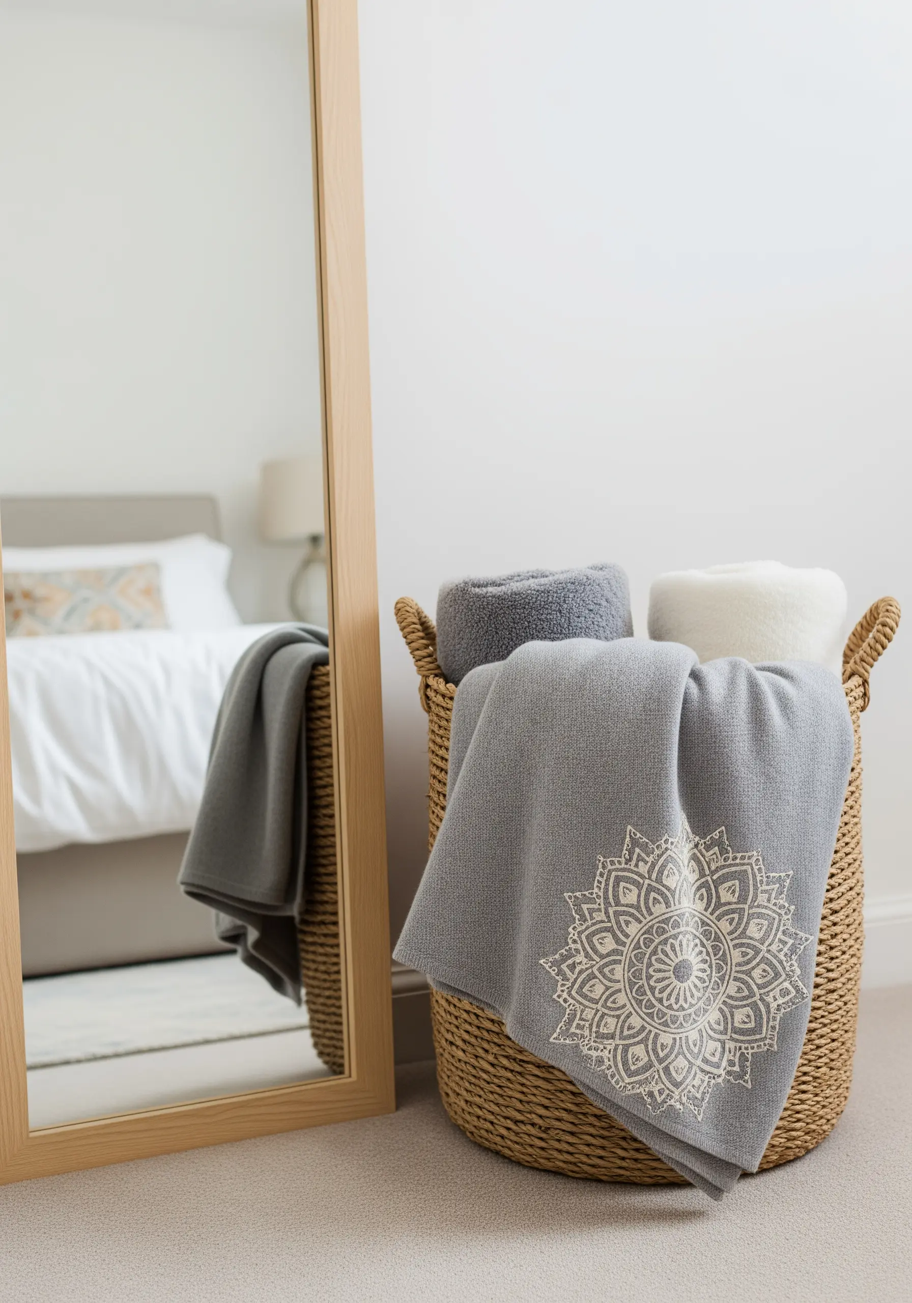 A light grey knit throw with a cream-colored embroidered mandala, draped in a wicker basket.