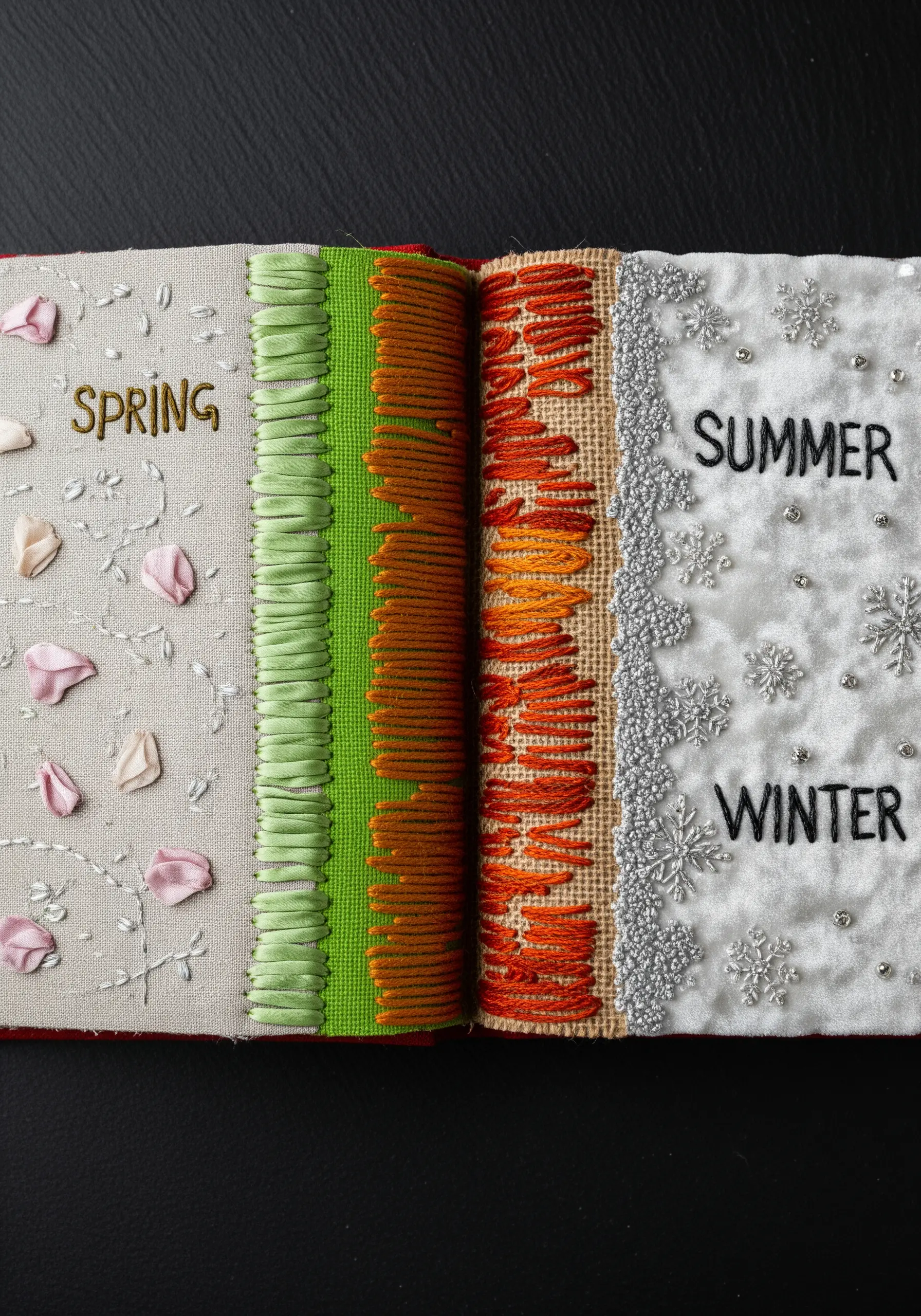 An open fabric book showing four panels, each with different textures representing the seasons.