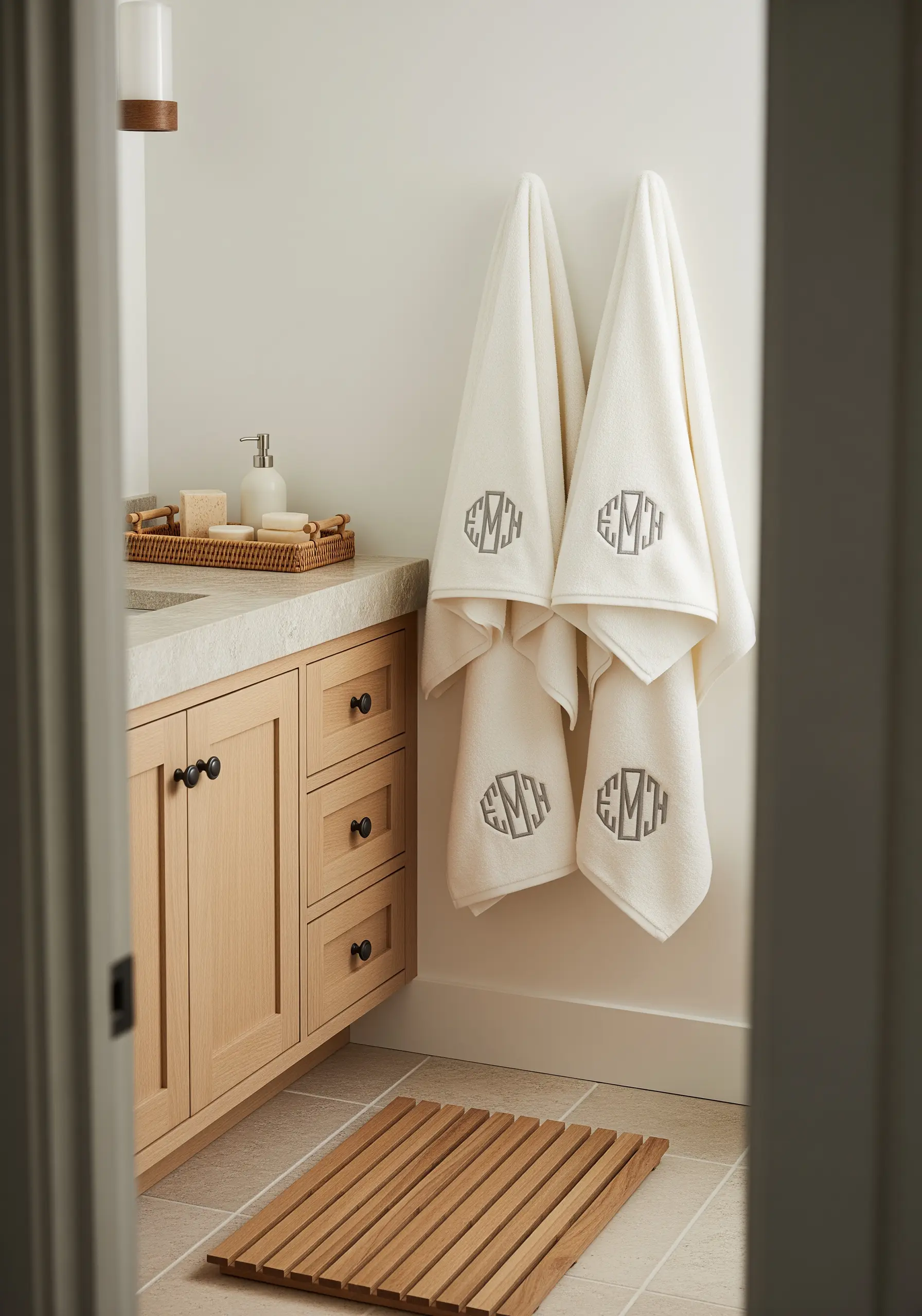 Plush ivory towels with a classic, raised satin stitch monogram in grey thread.