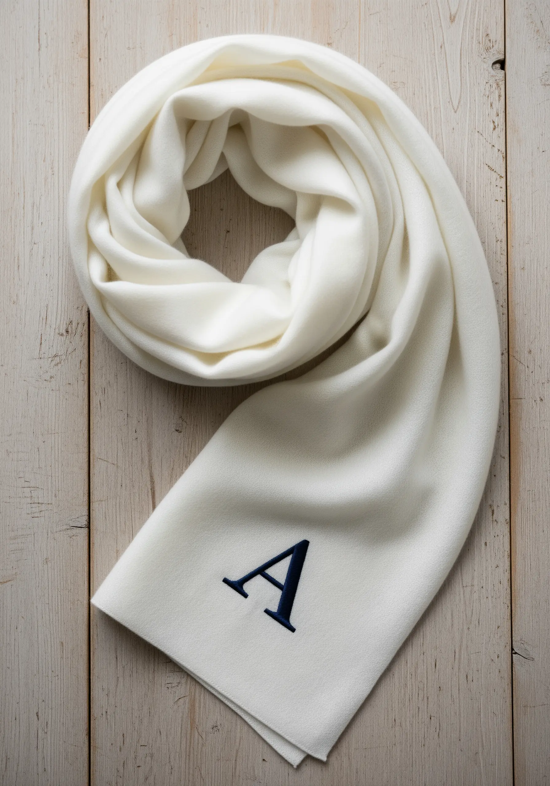 A bold, navy blue satin stitch monogram of the letter 'A' on a white scarf.