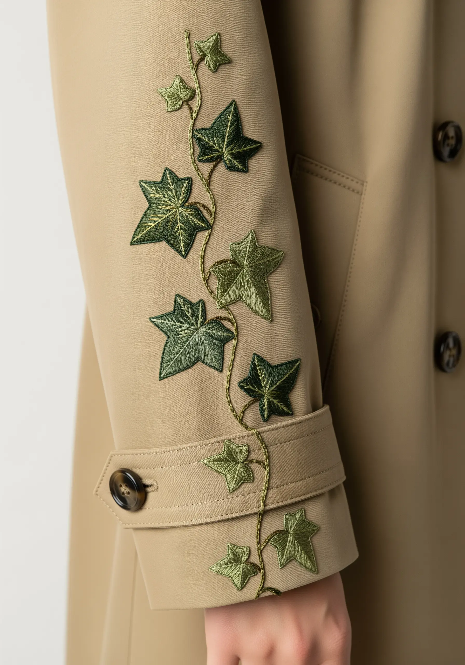A vine of green ivy leaves with gradient shading embroidered up the sleeve of a beige trench coat.