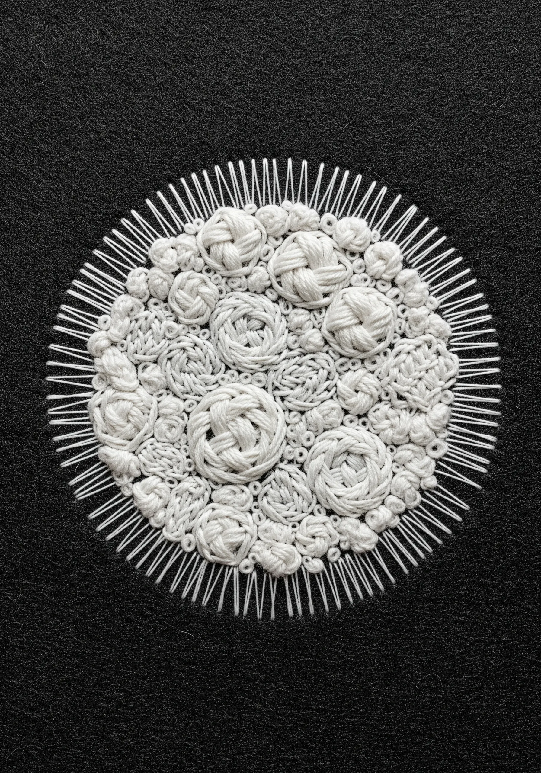 A dense circular cluster of white woven knots on black fabric, edged with radiating stitches.