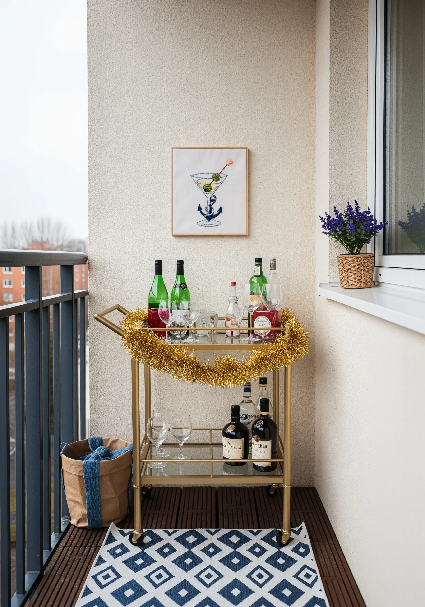 Framed embroidery of a martini with a tiny anchor instead of an olive.