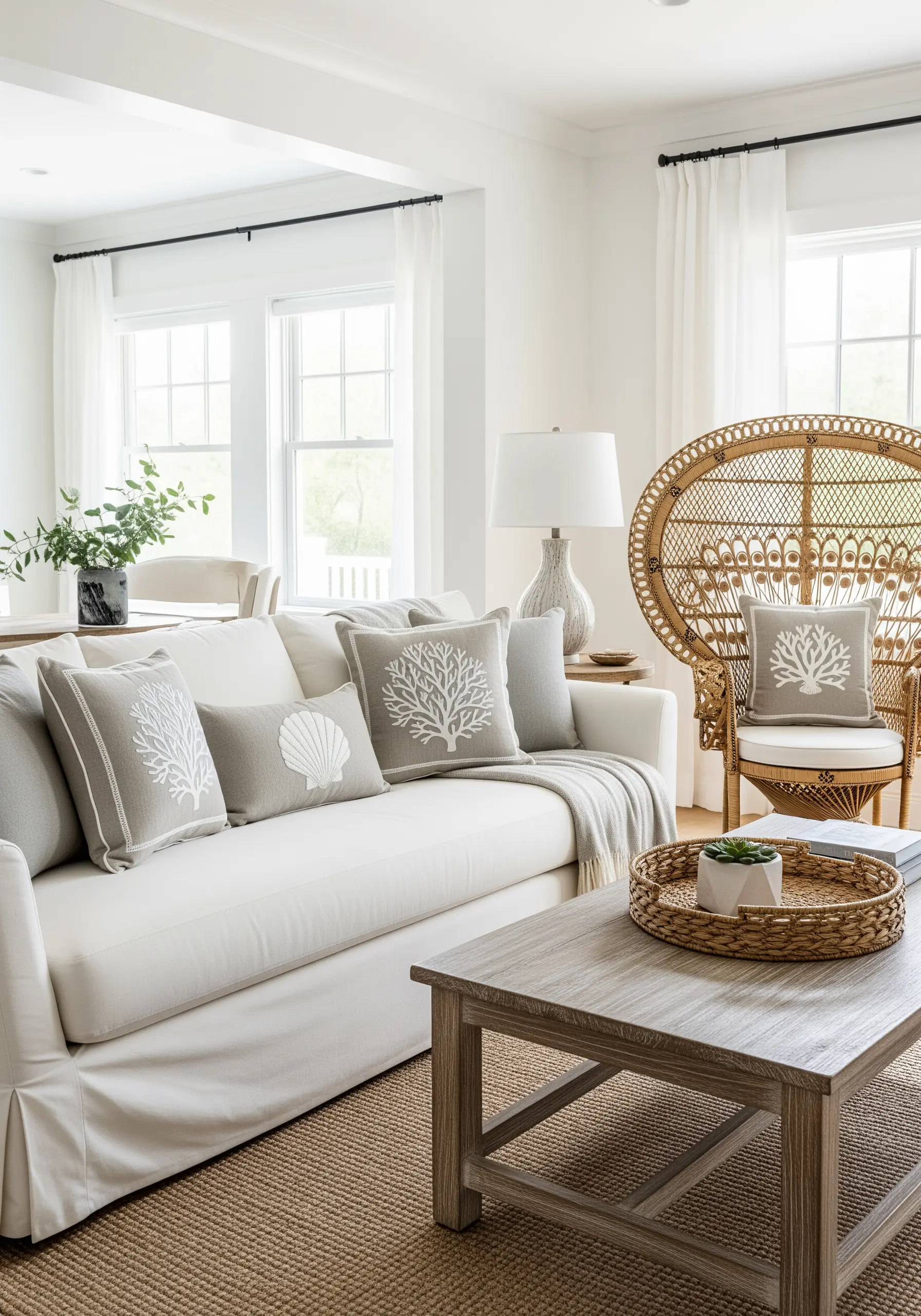 Greige and ivory pillows on a white sofa with embroidered coral and seashell motifs.