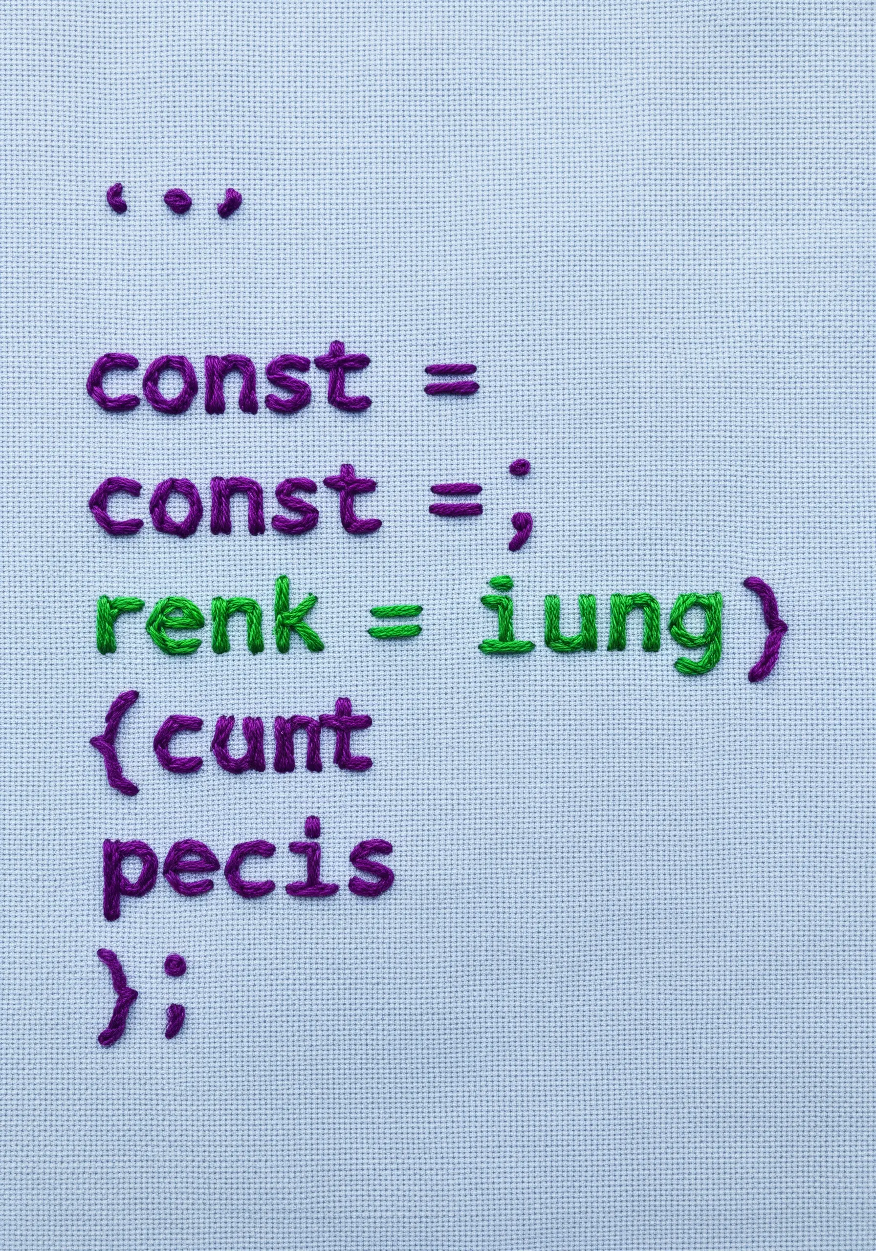 A snippet of code embroidered with purple and green thread on light blue fabric.
