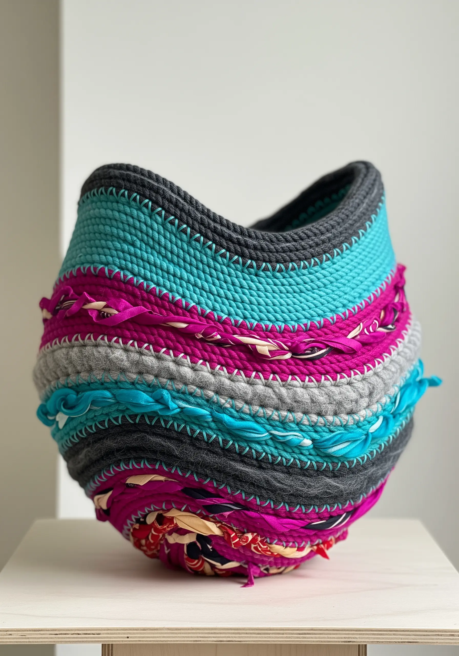 A colorful coiled fabric basket made with recycled textiles and visible stitching.
