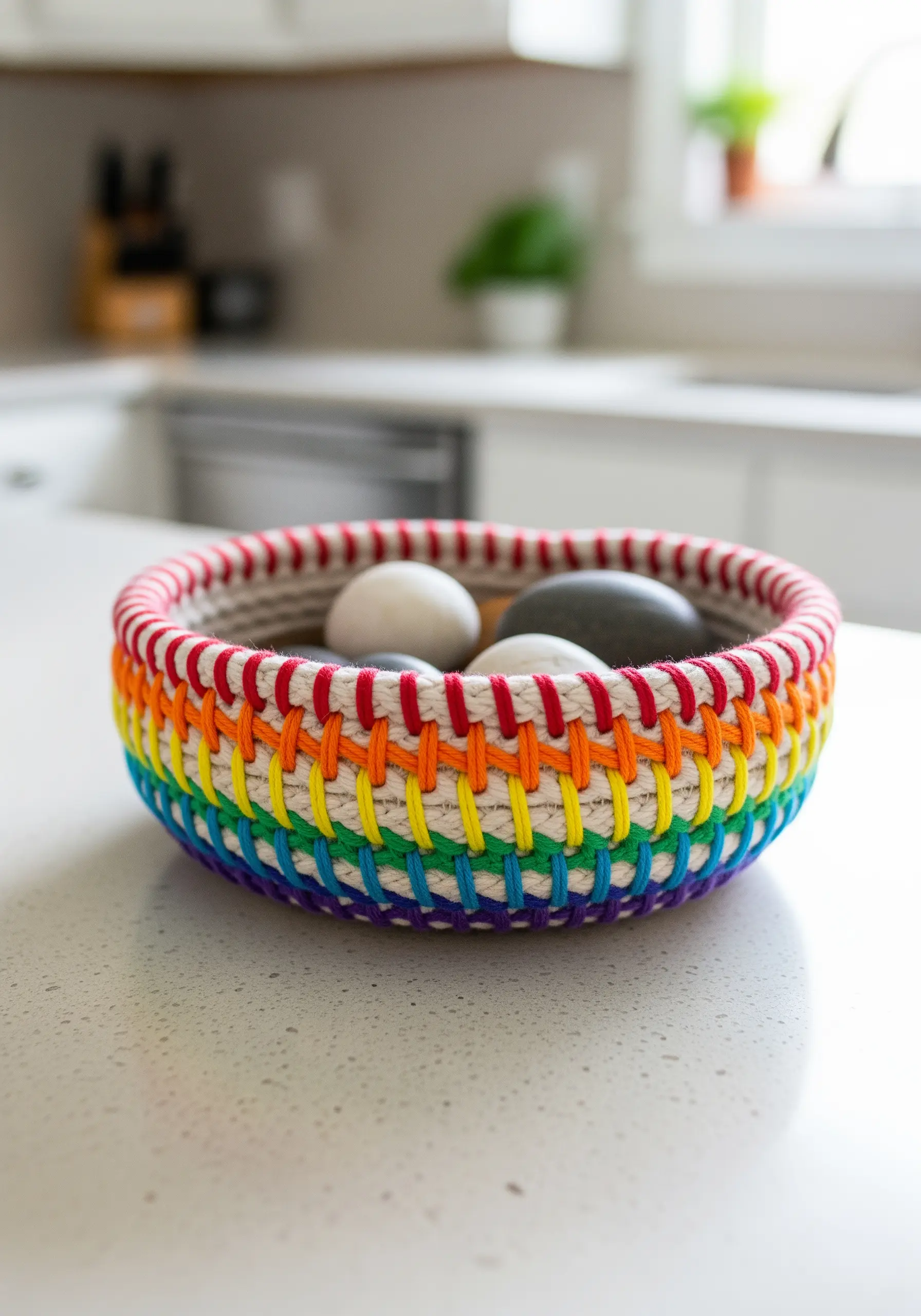 A coiled rope bowl wrapped in rainbow-colored embroidery floss, sitting on a countertop.