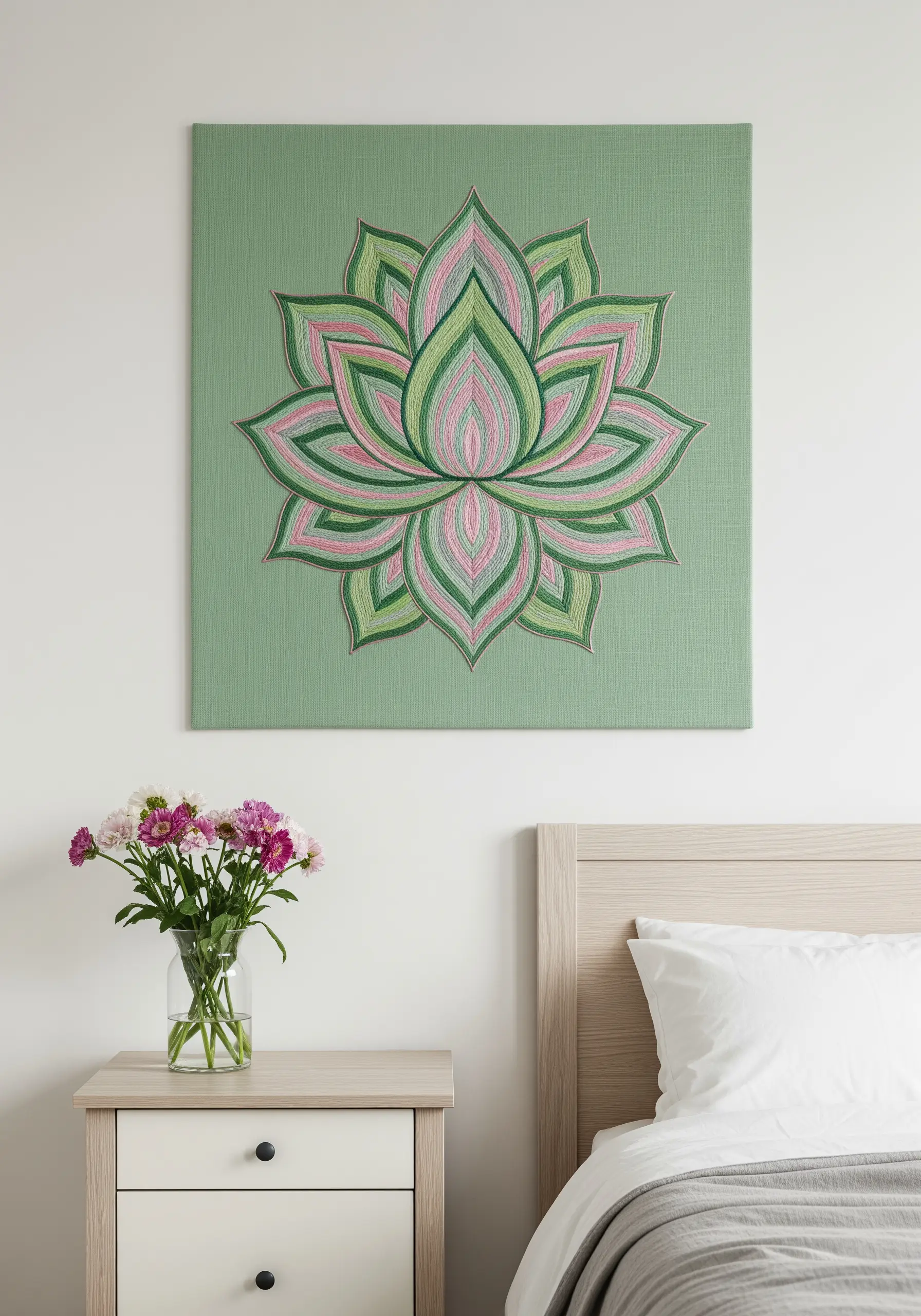 A modern lotus mandala with pink and green color-blocked petals on a sage green canvas.