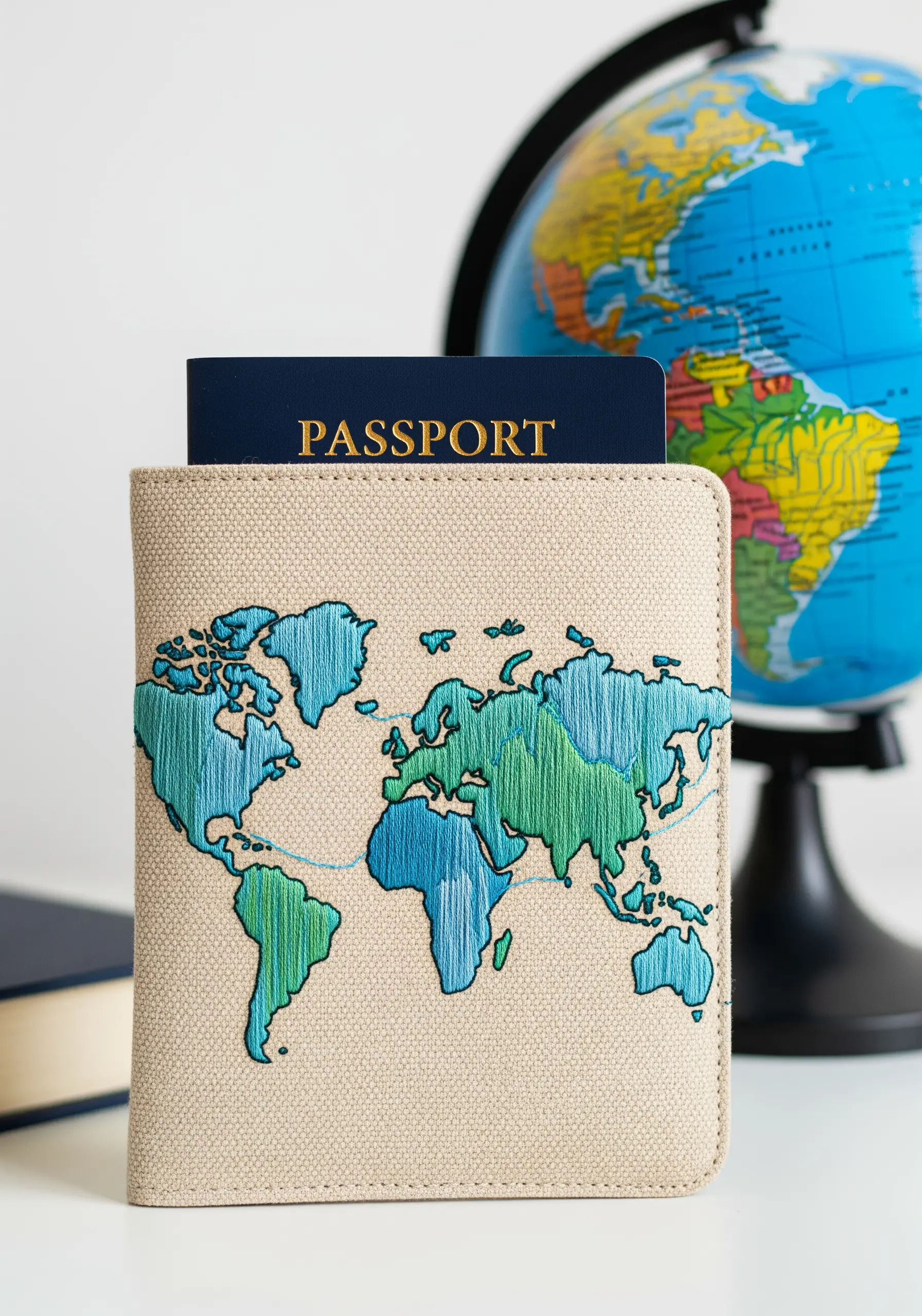 An embroidered passport cover with a world map design in shades of blue and green