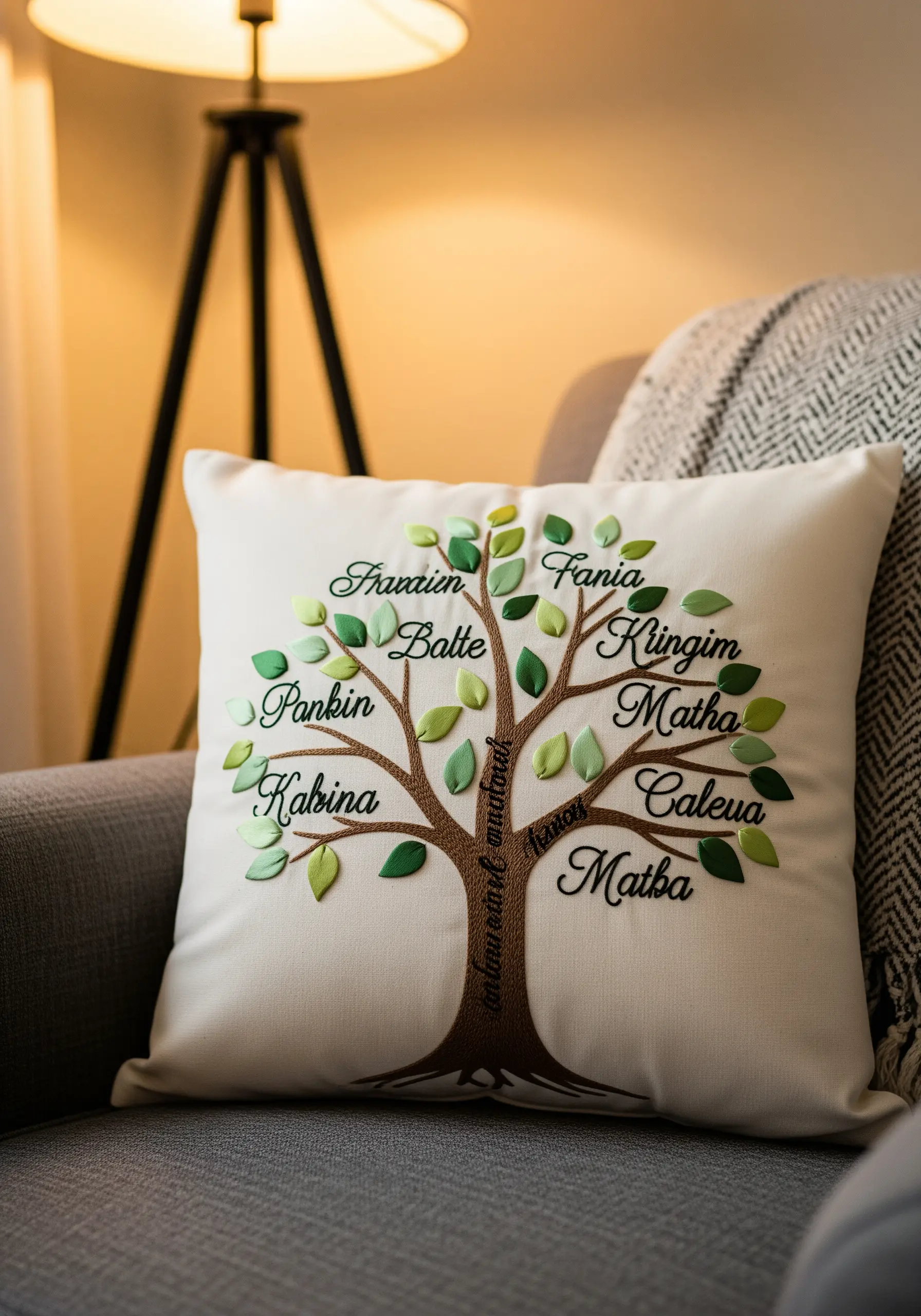 A family tree embroidered on a white cushion with names on raised, three-dimensional green leaves.