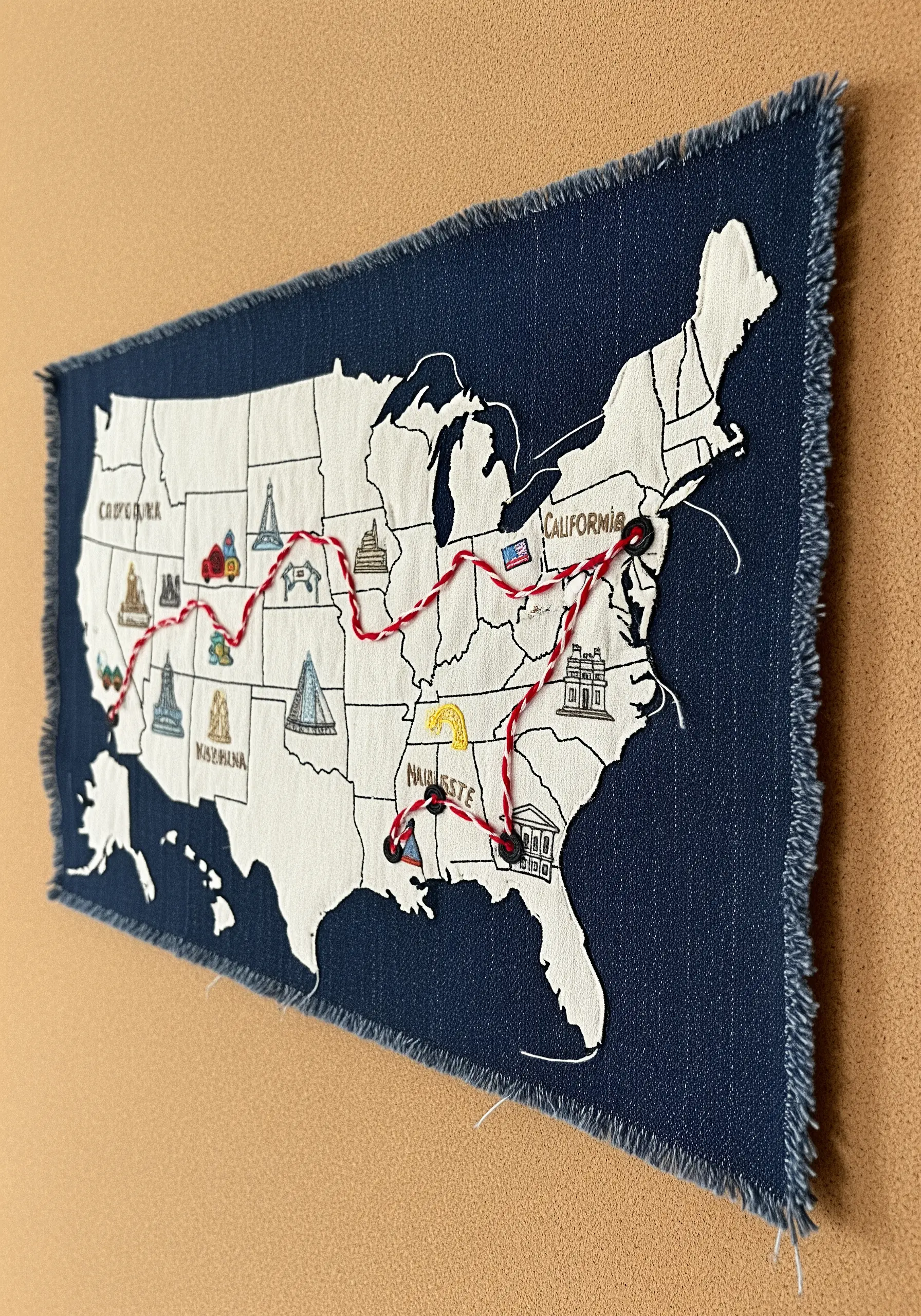 Appliqué map of the USA on frayed denim, with a red stitched line marking a travel route.