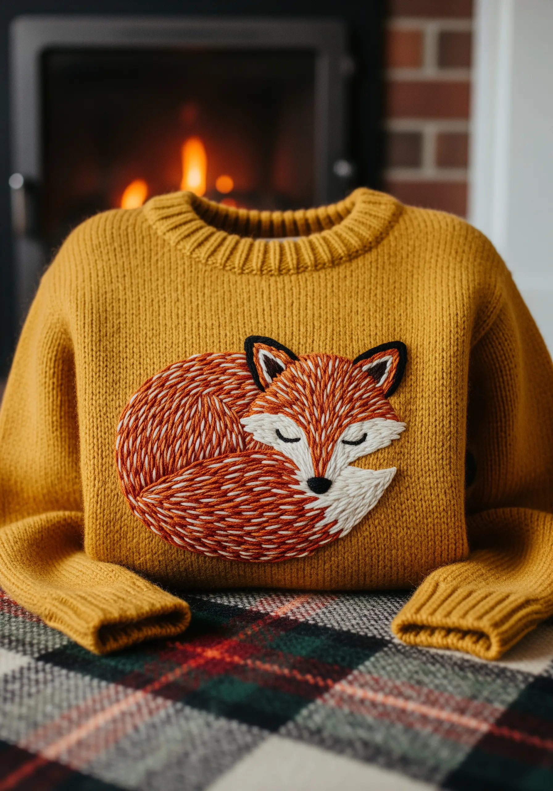 A sleeping fox on a mustard yellow sweater, created with appliqué and embroidery for fur texture.