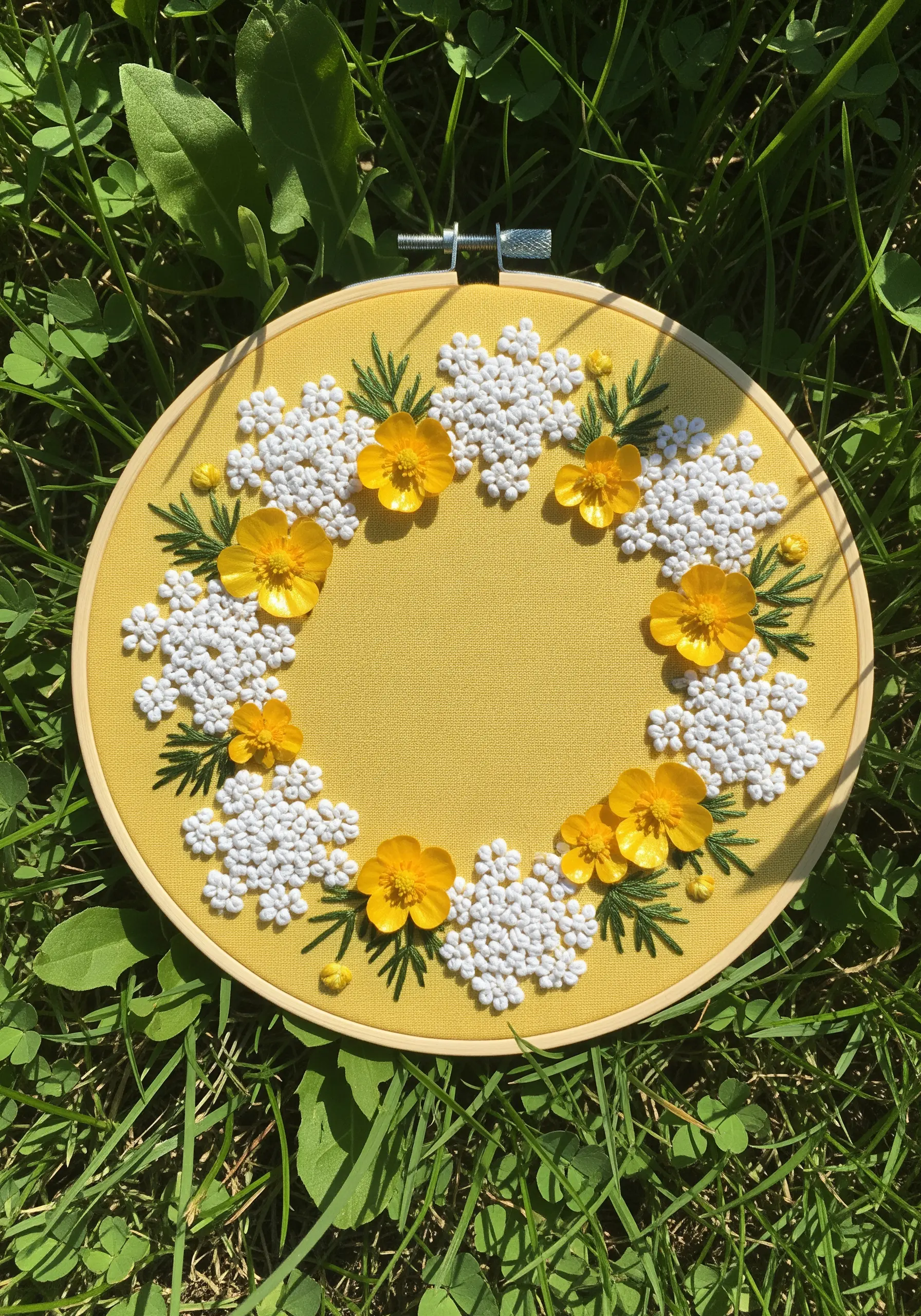 A vibrant wreath on yellow fabric with yellow appliqué flowers and white French knots.