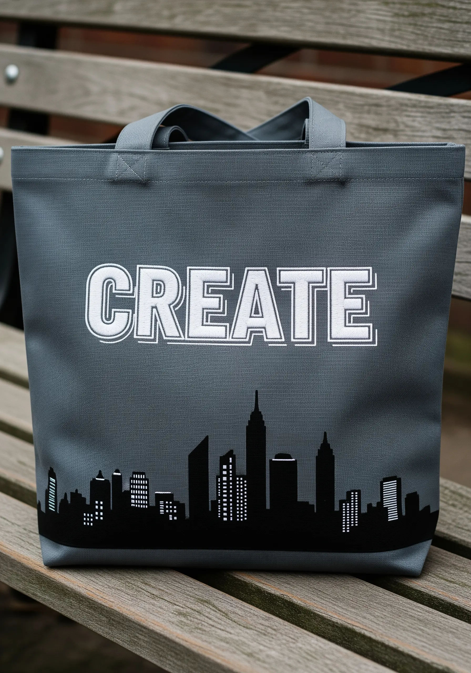 Embroidered word 'CREATE' above a black city skyline appliqué on a grey tote.