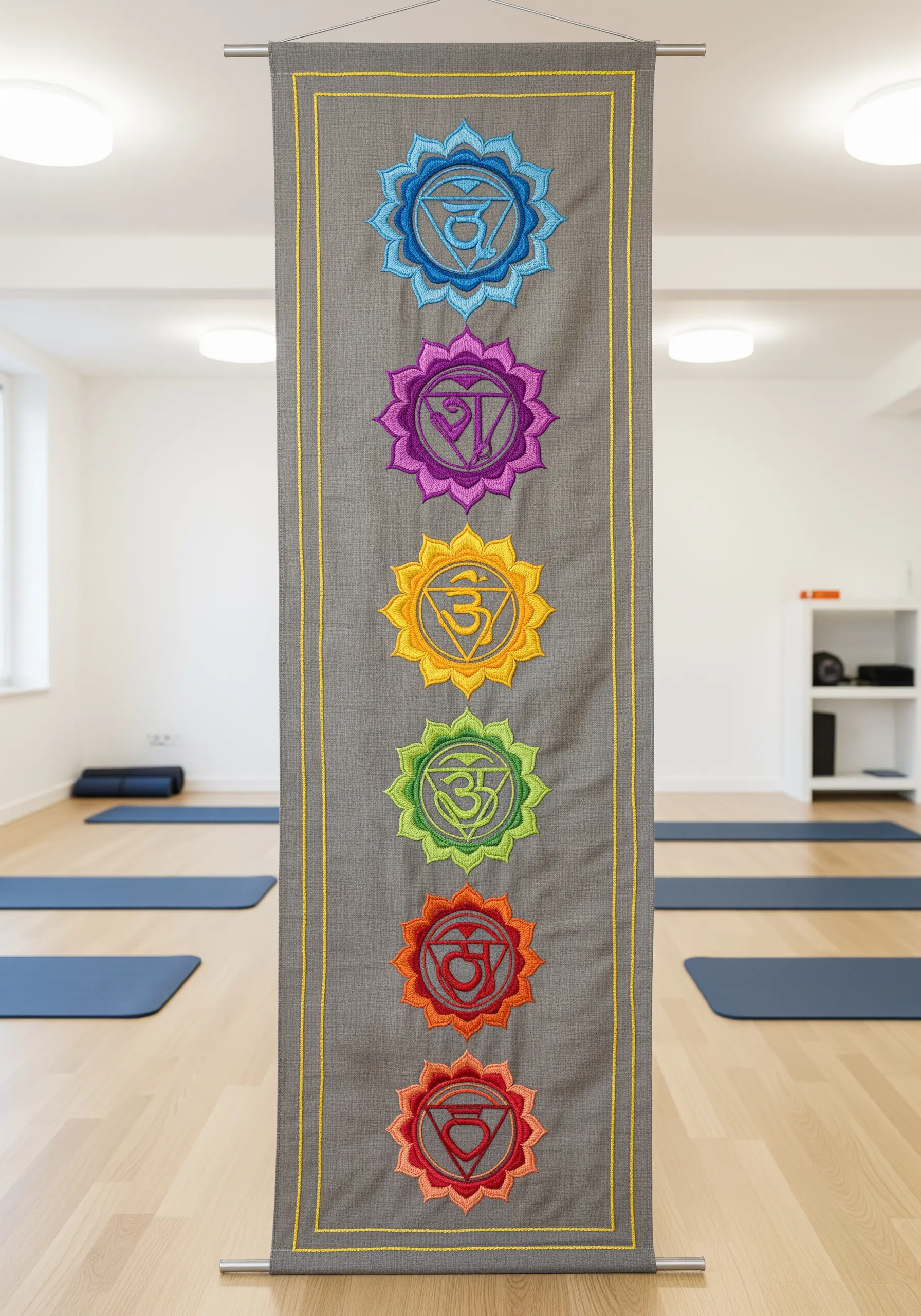 A long grey banner with seven brightly colored, embroidered chakra symbols.
