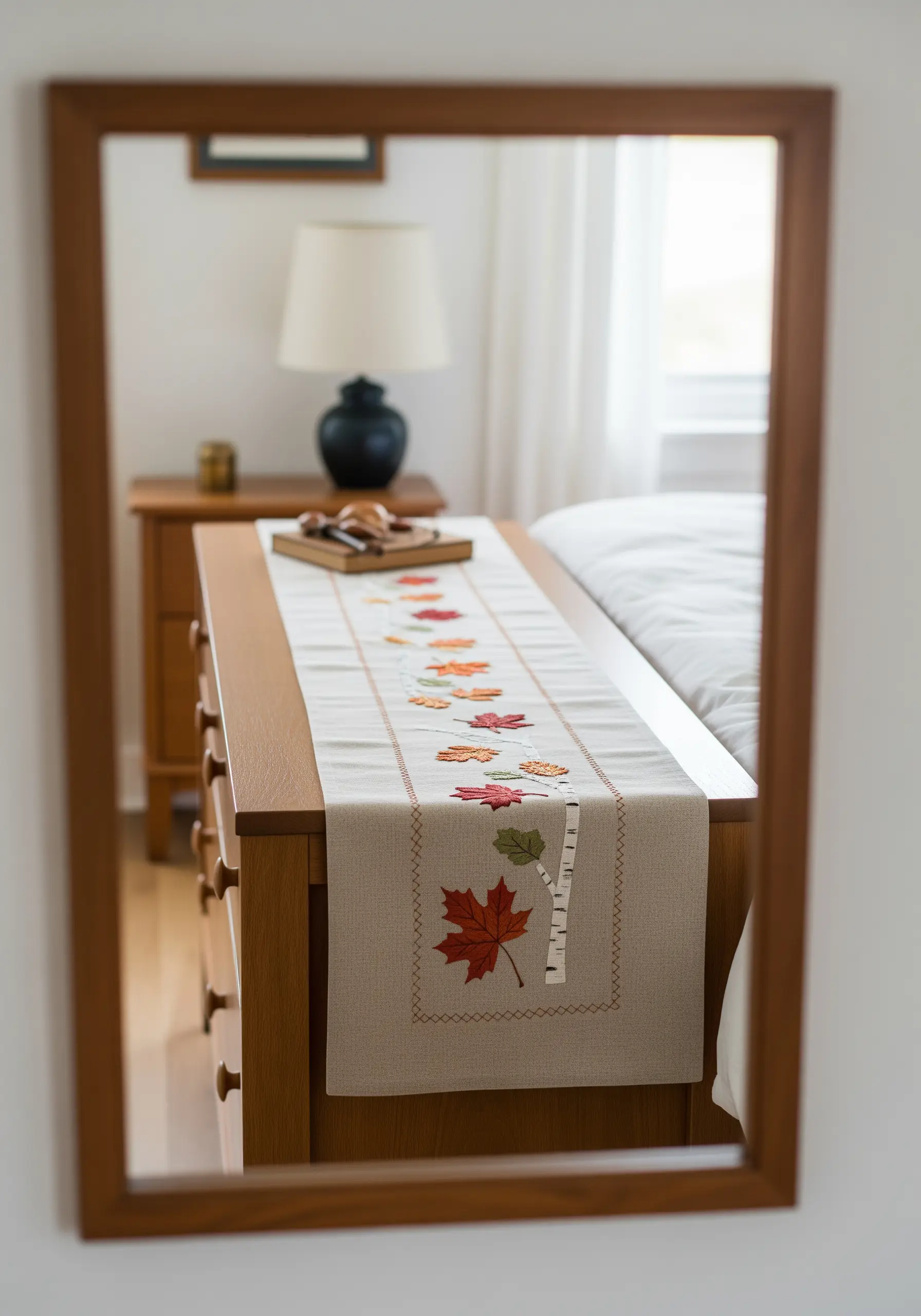 A beige table runner decorated with appliqué and embroidered autumn leaves.