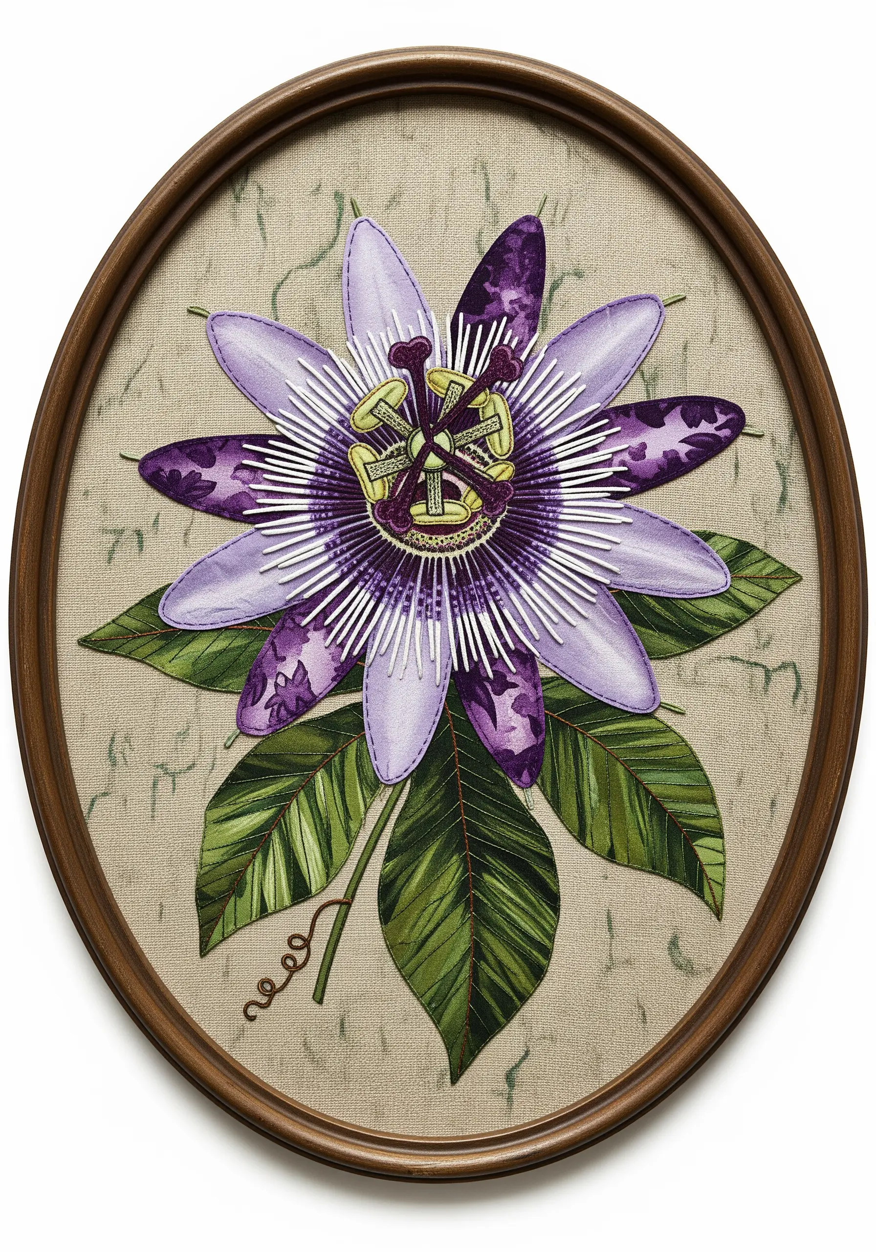 Realistic passion flower made with fabric appliqué and detailed thread painting in a wooden hoop.