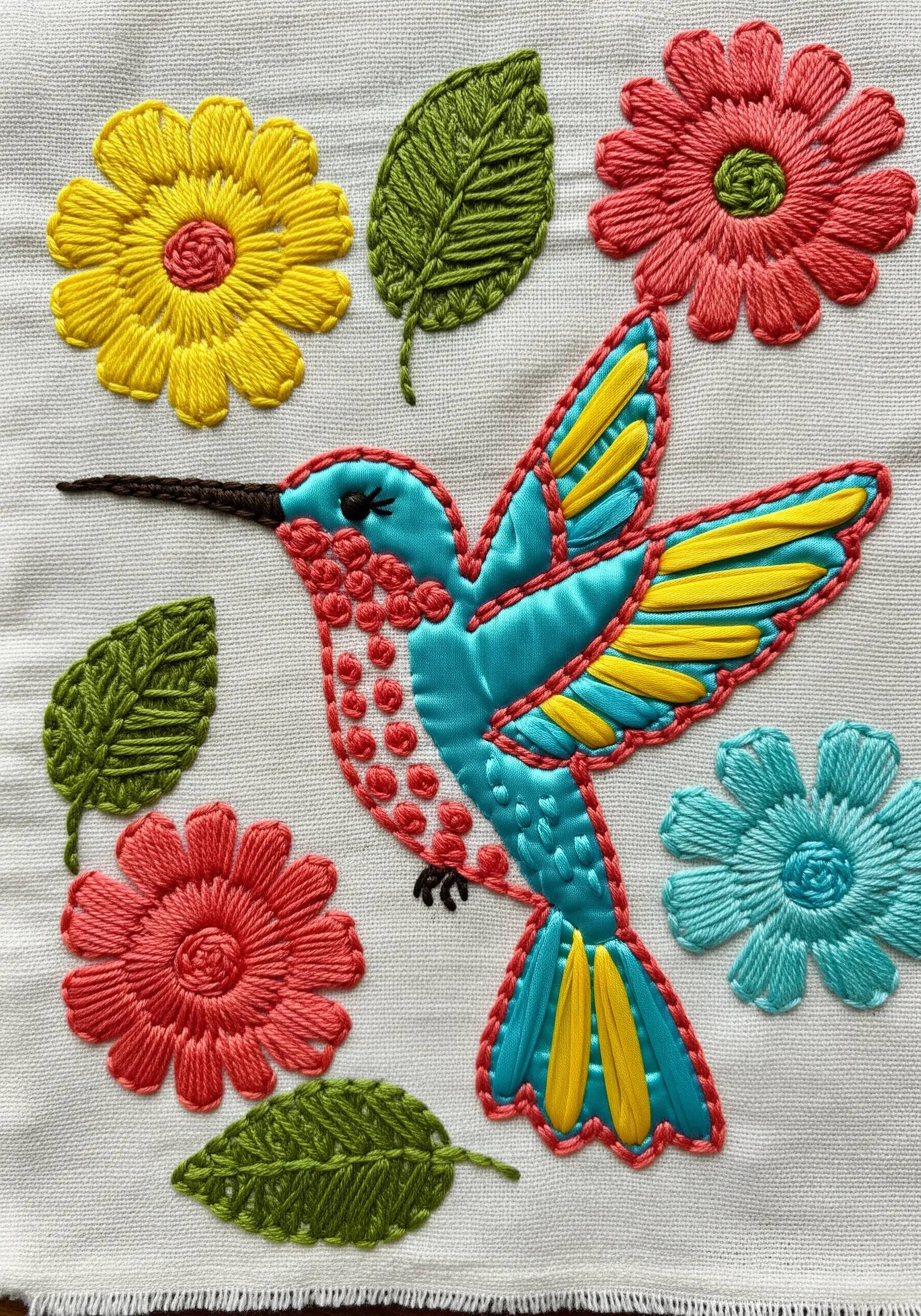 A brightly colored hummingbird made with fabric appliqué and embroidery stitches.