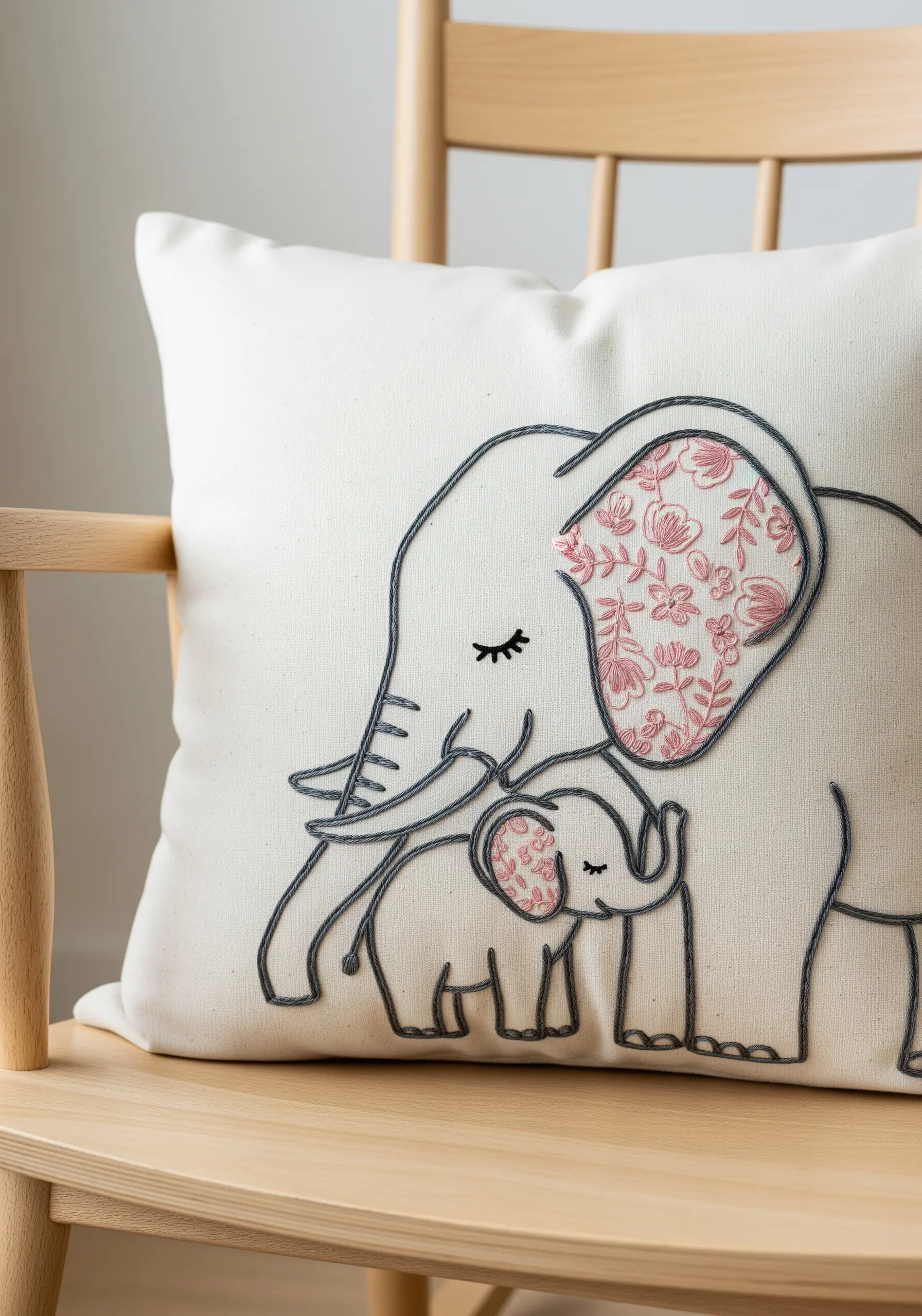 Line art elephant and baby with a pink floral fabric appliqué ear on a pillow.