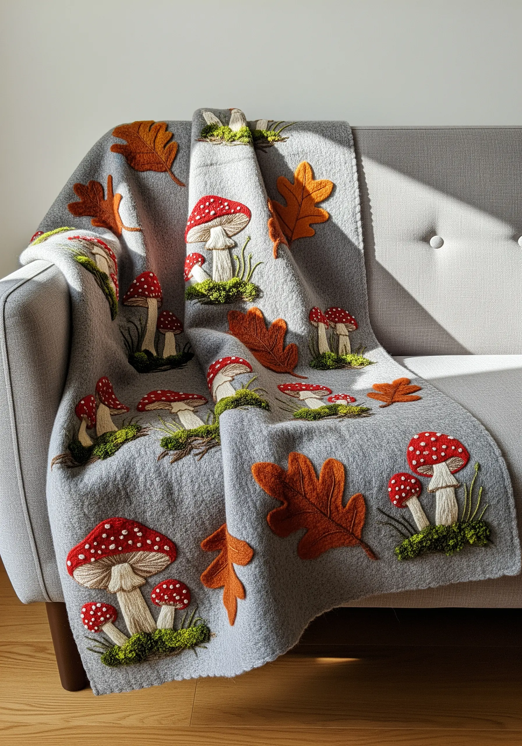 A cozy grey throw blanket decorated with embroidered mushrooms and appliqué leaves.