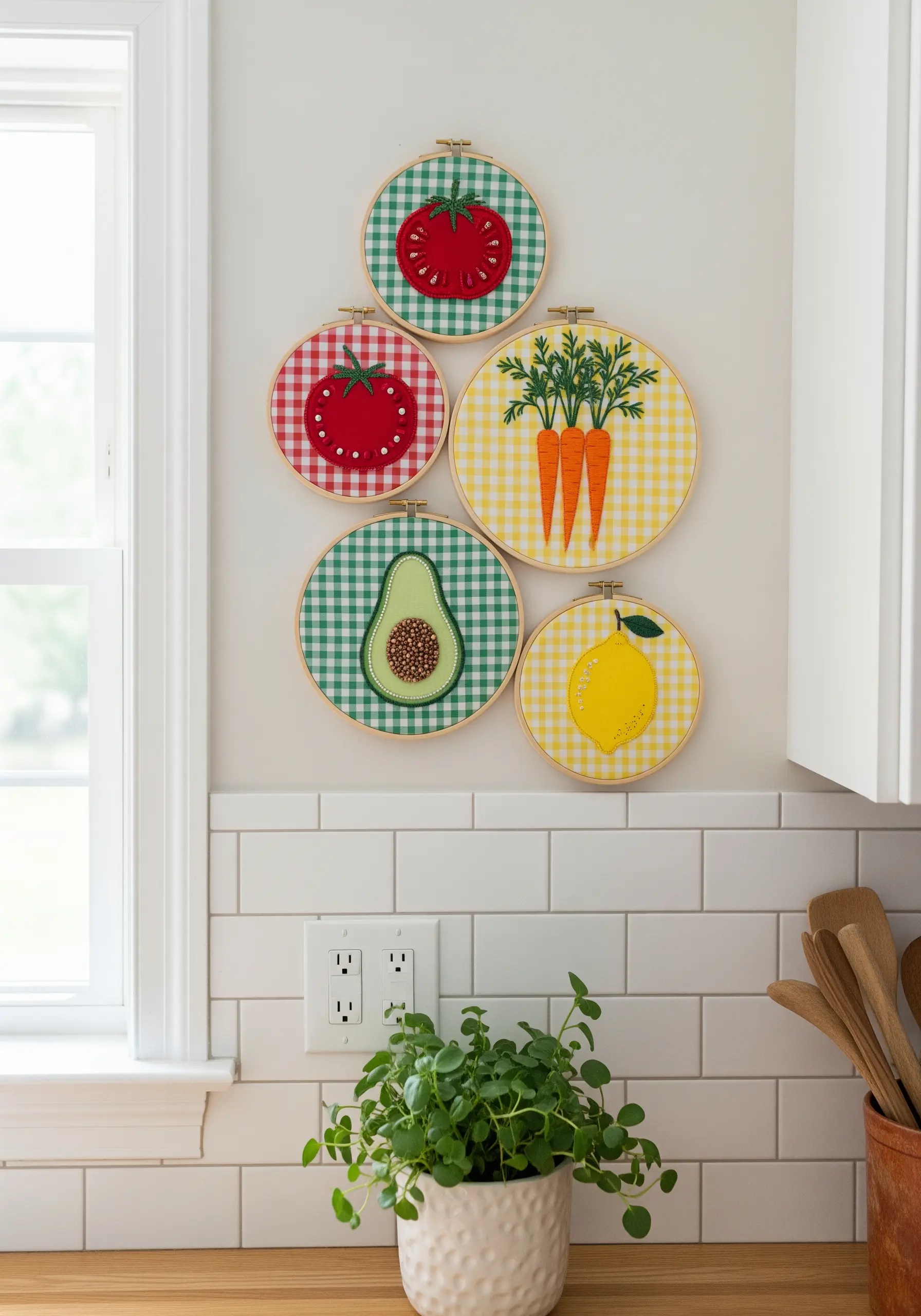 A collection of five kitchen-themed embroidery hoops with fruits and vegetables on gingham fabric.