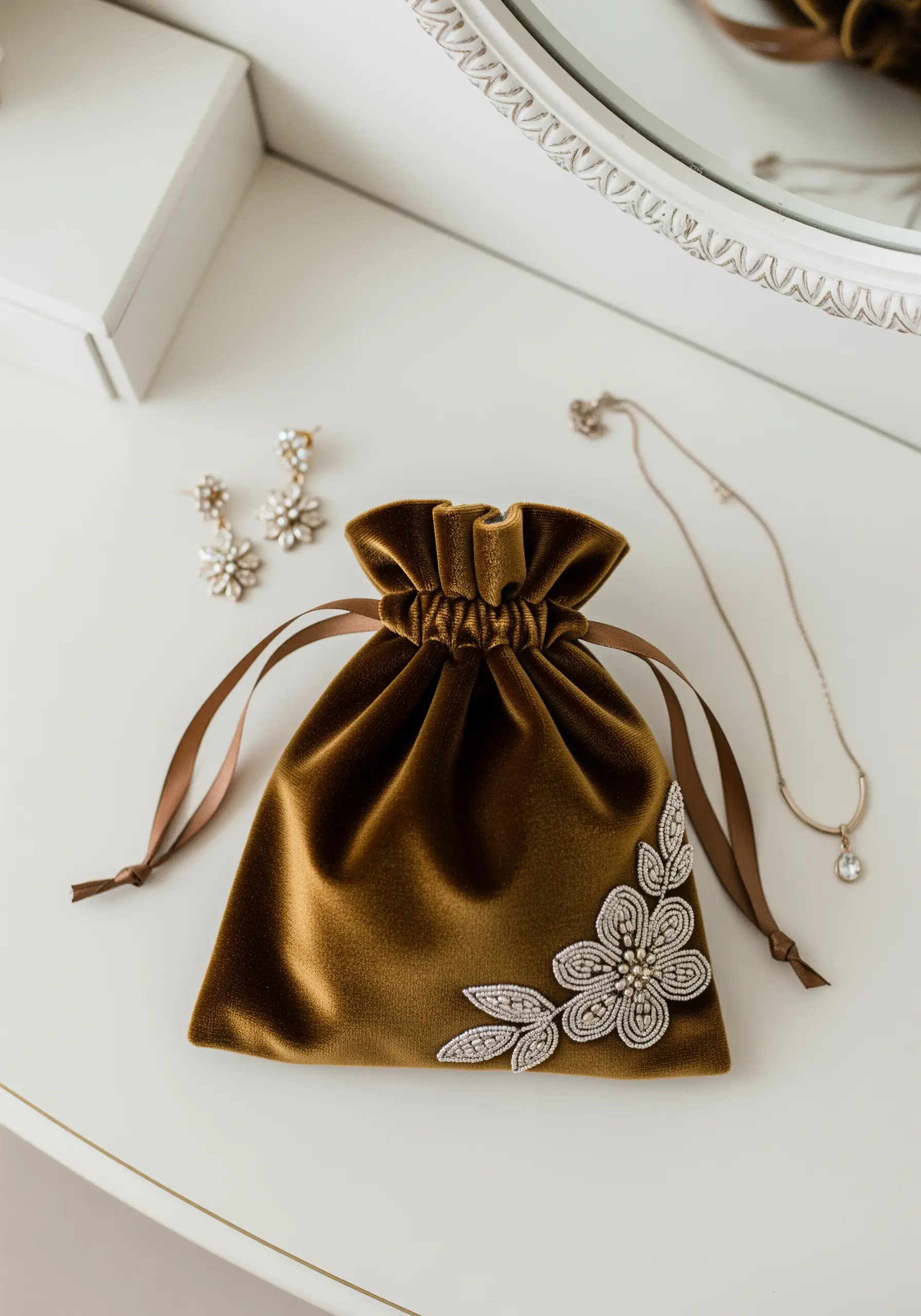 A brown velvet jewelry pouch adorned with an intricate beaded and embroidered floral motif.