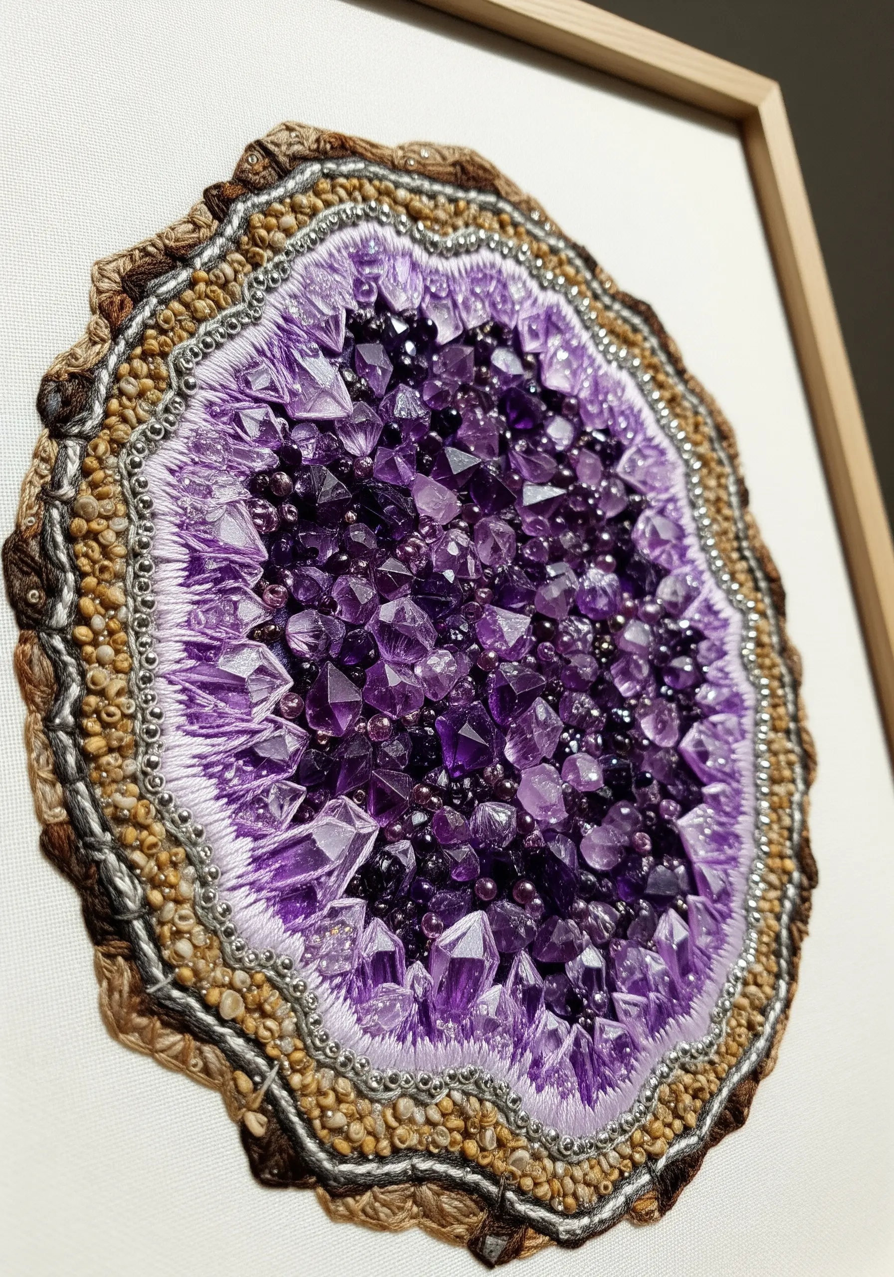 Framed embroidery of a purple amethyst geode using beads, crystals, and French knots.