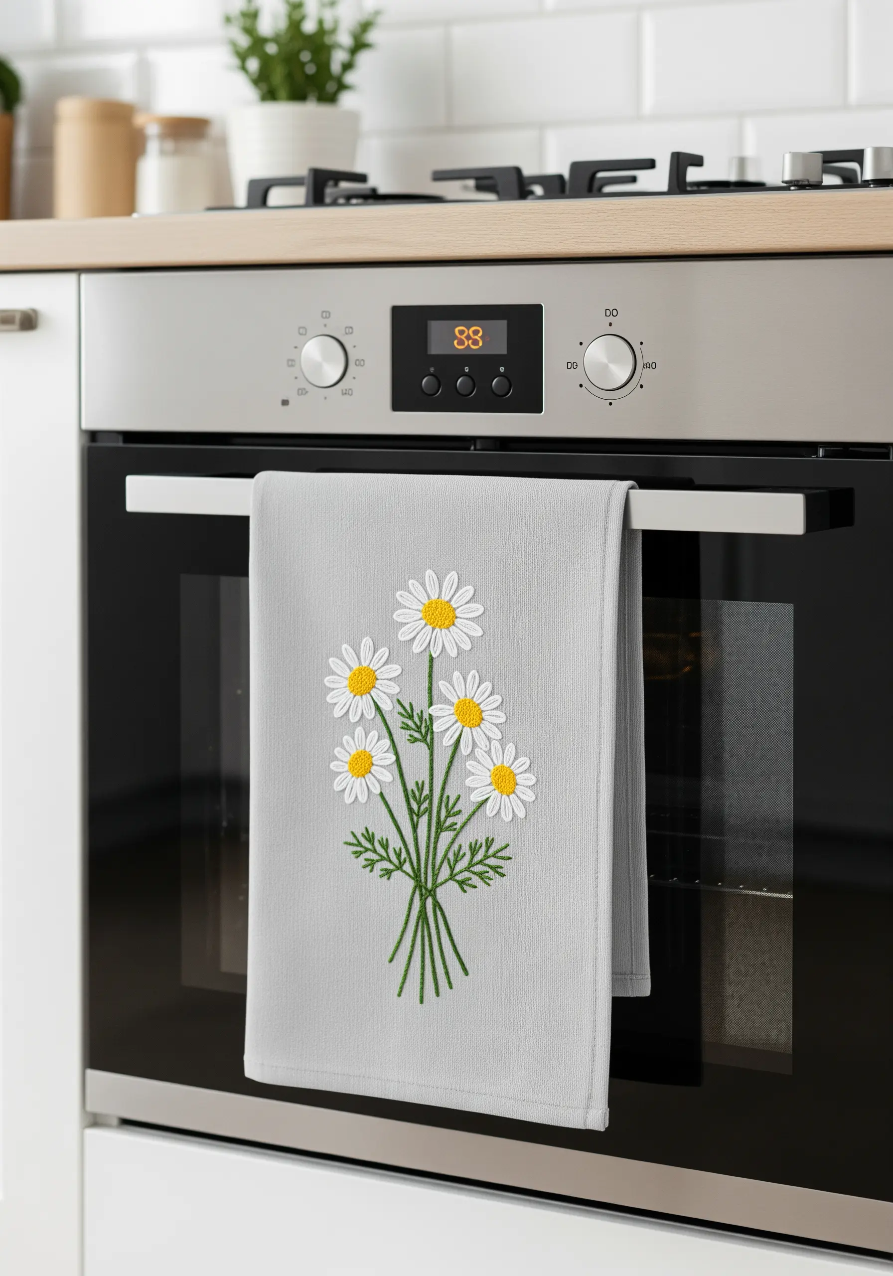 A grey kitchen towel embroidered with a cheerful bouquet of white and yellow daisies.