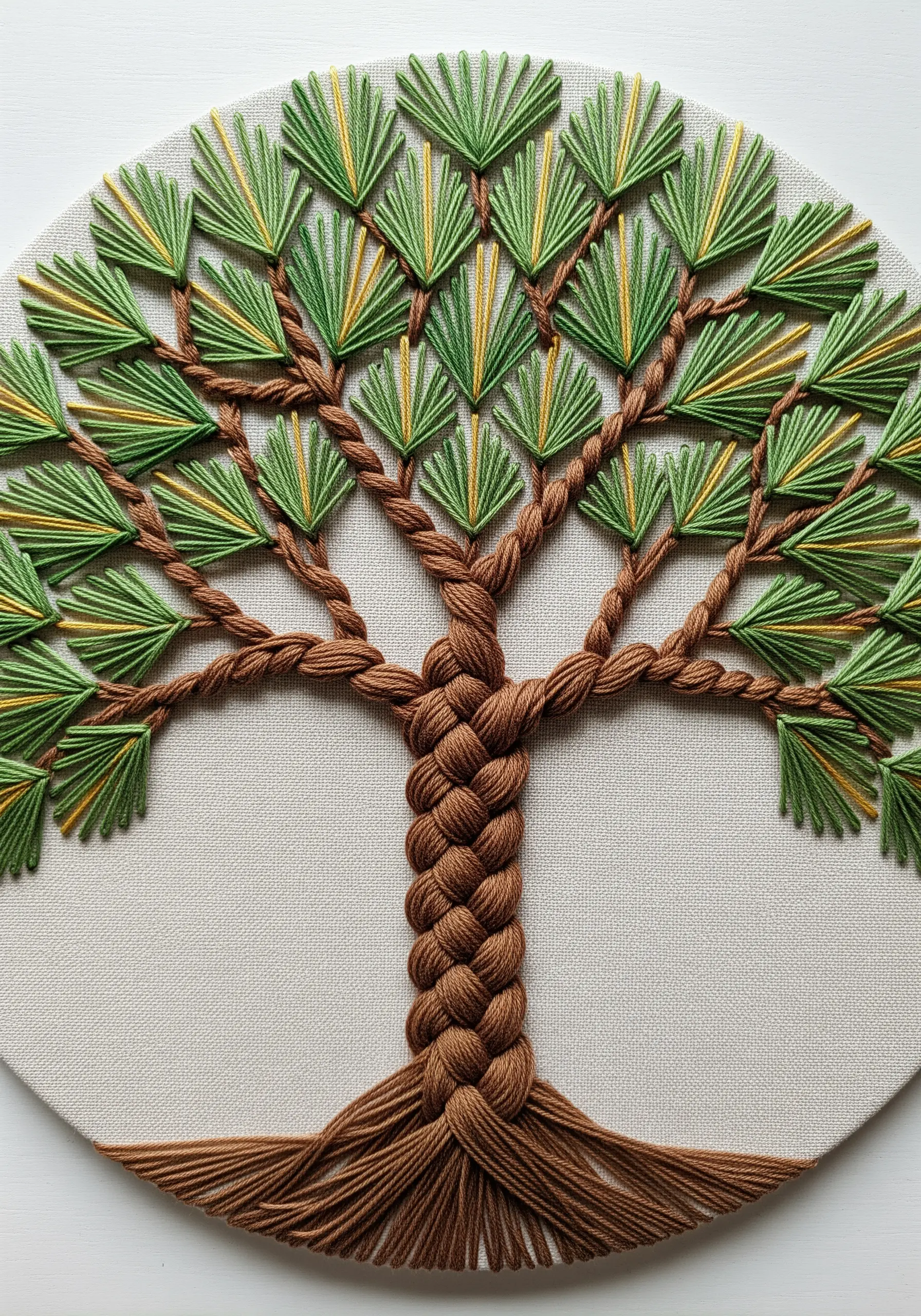 Embroidery of a tree with a braided trunk and leaves made of fanned straight stitches